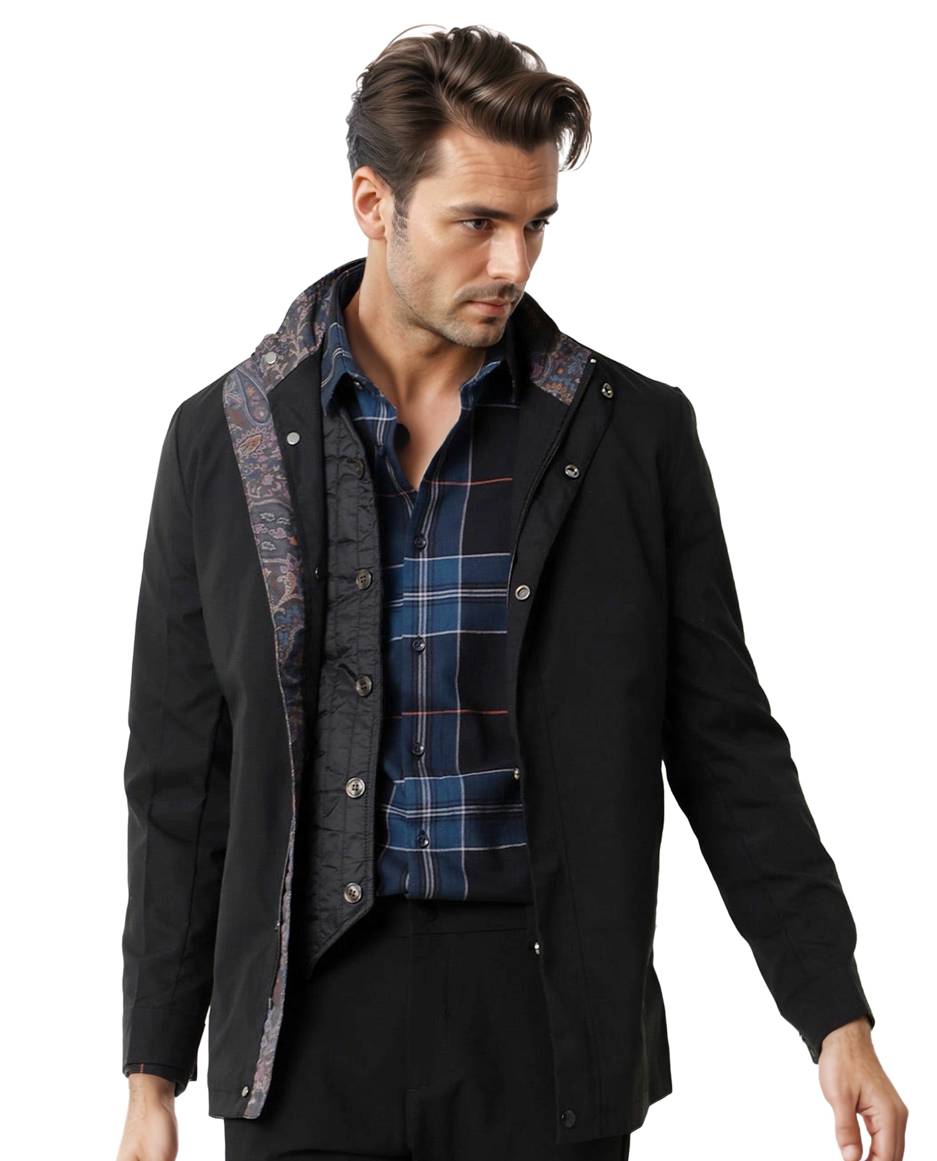 Rare Rabbit Men's Berry Black Plain High Neck Mandarin Collar Jacket