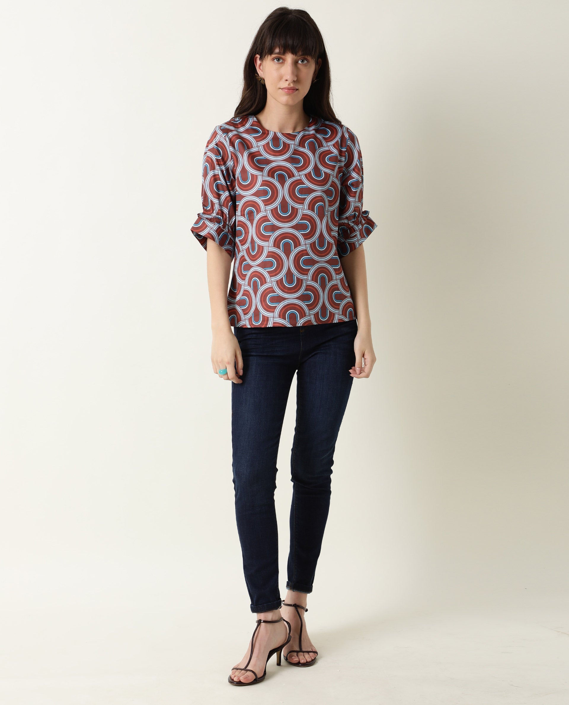 Rareism Women Jimmi Brown Cotton Fabric Regular Fit Round Neck Half Sleeves Print Top