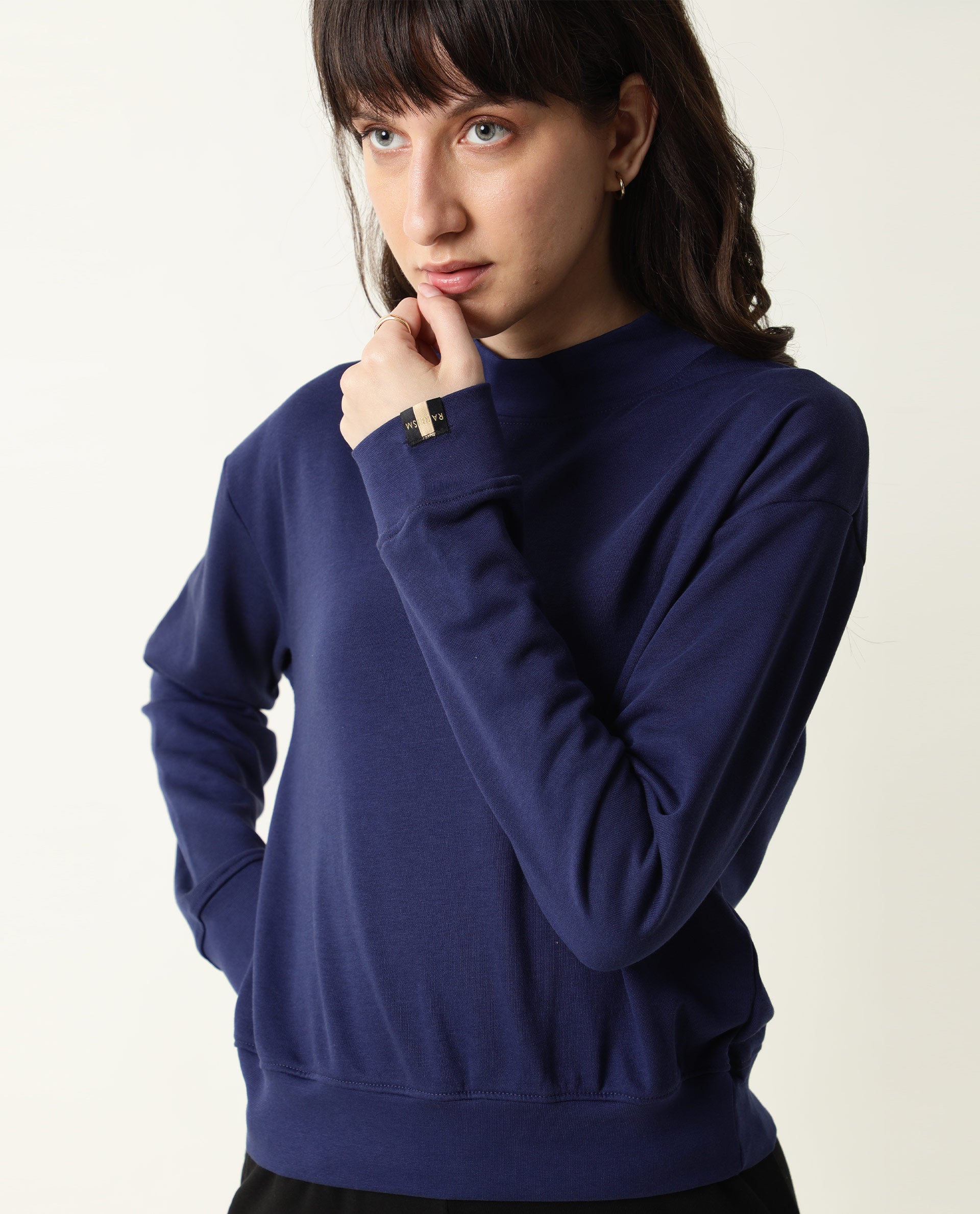 Rareism Women Necker Blue Relaxed Fit Full Sleeves Solid High Neck Sweatshirt