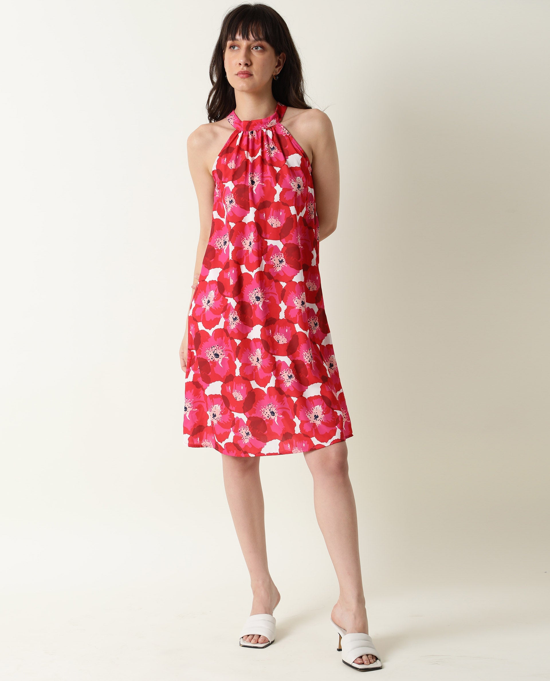 Rareism Women Oasis Red Floral Print Gathered Halter Neck Sleeveless With Pockets Knee Length Dress