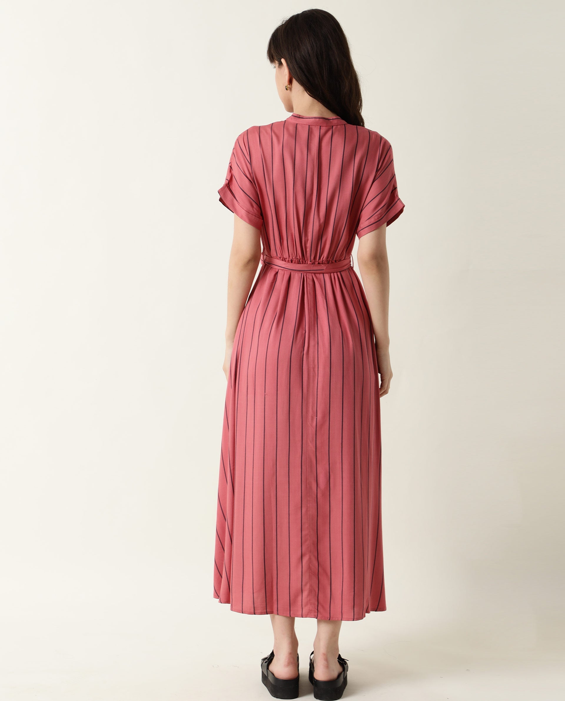 Rareism Women Tudor Pink Striped Mandarin Collar Half Sleeves Fabric Waist Belt With Pockets Midi Dress