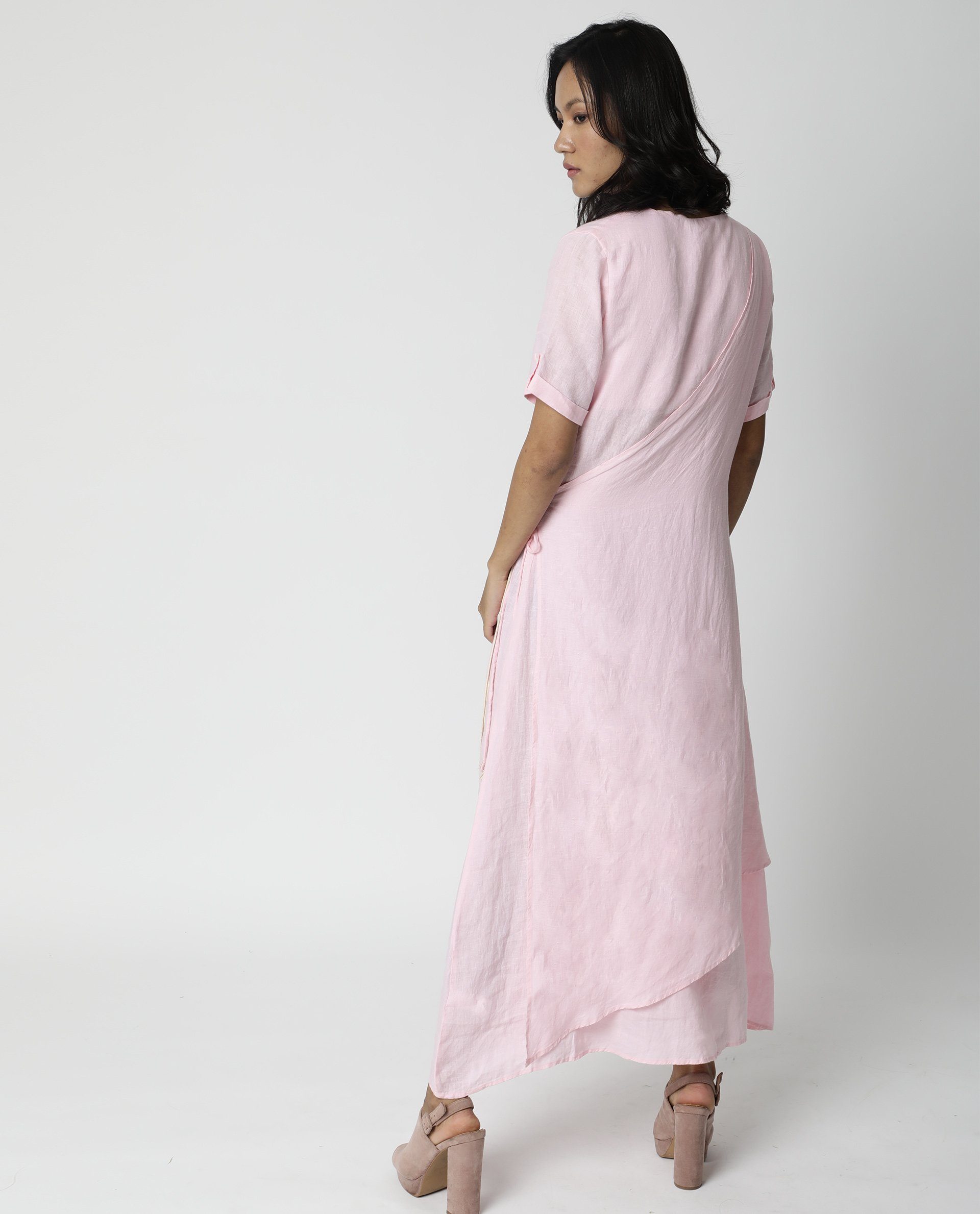 Rareism Womens Doodle Pink Cotton Linen Fabric Relaxed Fit Long Length Round Neck