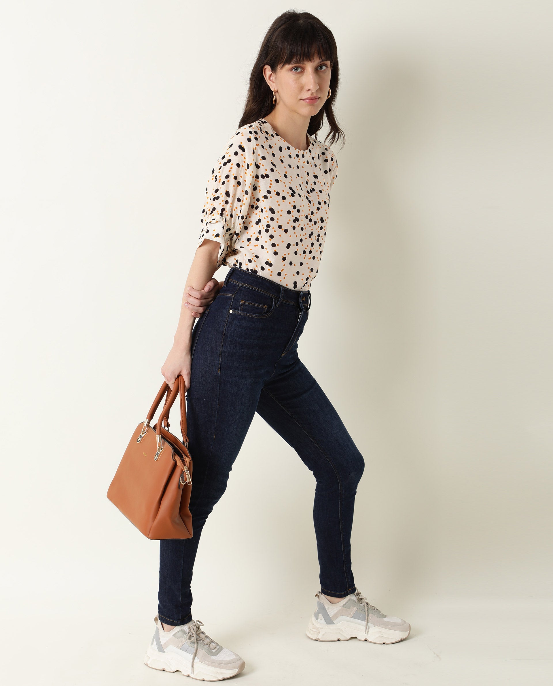 Rareism Women Roy Orange Top Short Sleeves Printed