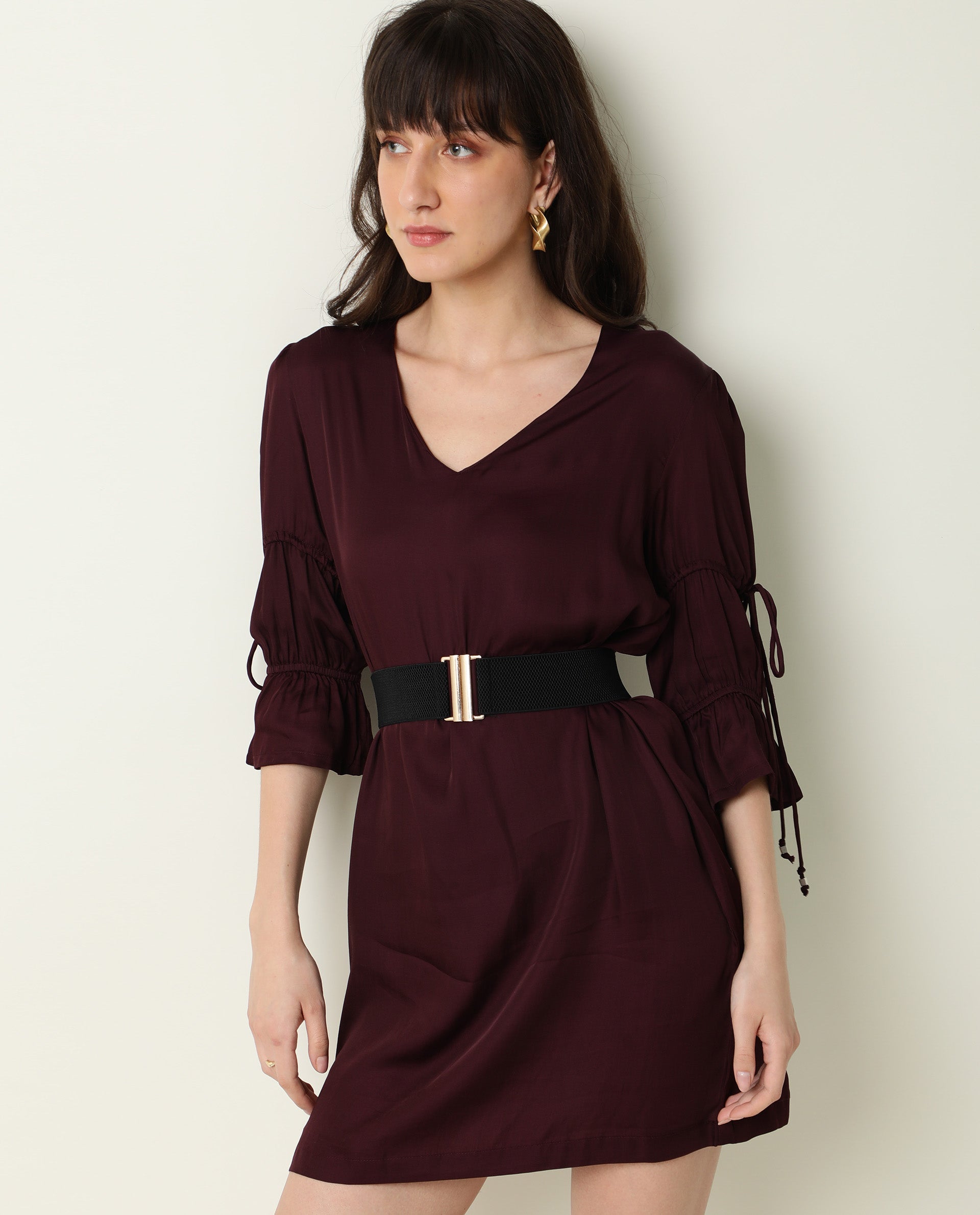 Rareism Women Jamm Maroon V Neck 3/4 Sleeves With Tie Up Mini Dress