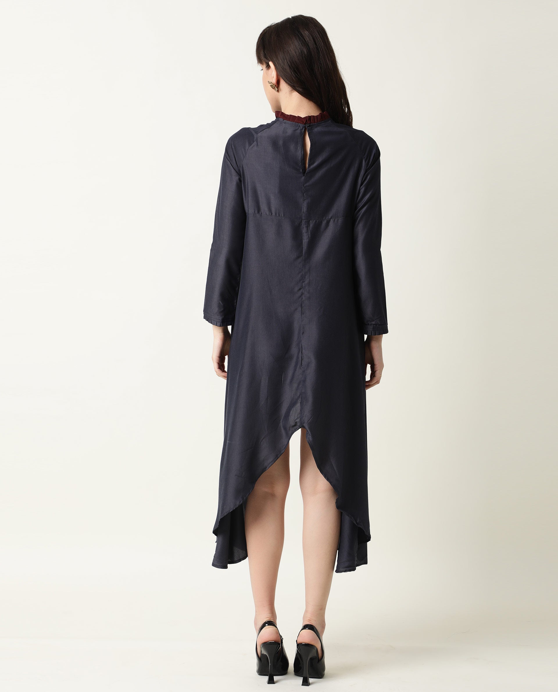 Rareism Womens Falcon Navy Dress Polyester Fabric Relaxed Fit Full Sleeve Round Neck