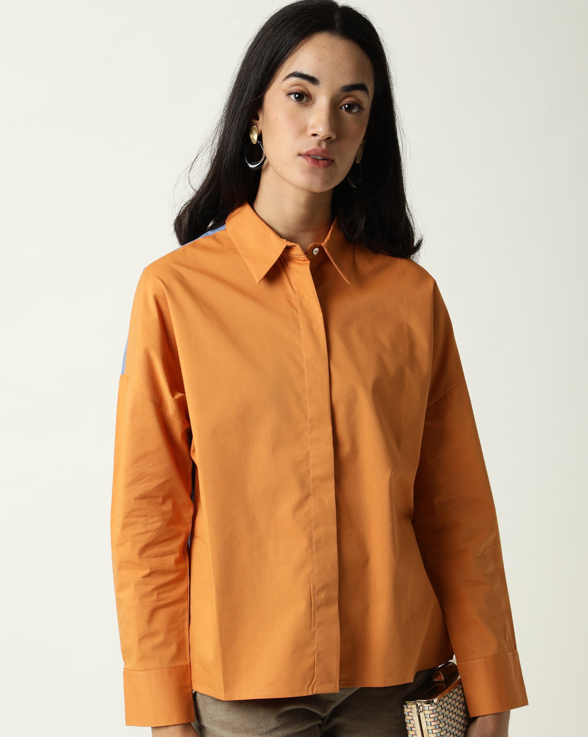 Rareism Womens Nellore Orange Top Cotton Lycra Fabric Regular Fit Full Sleeve Collared Neck