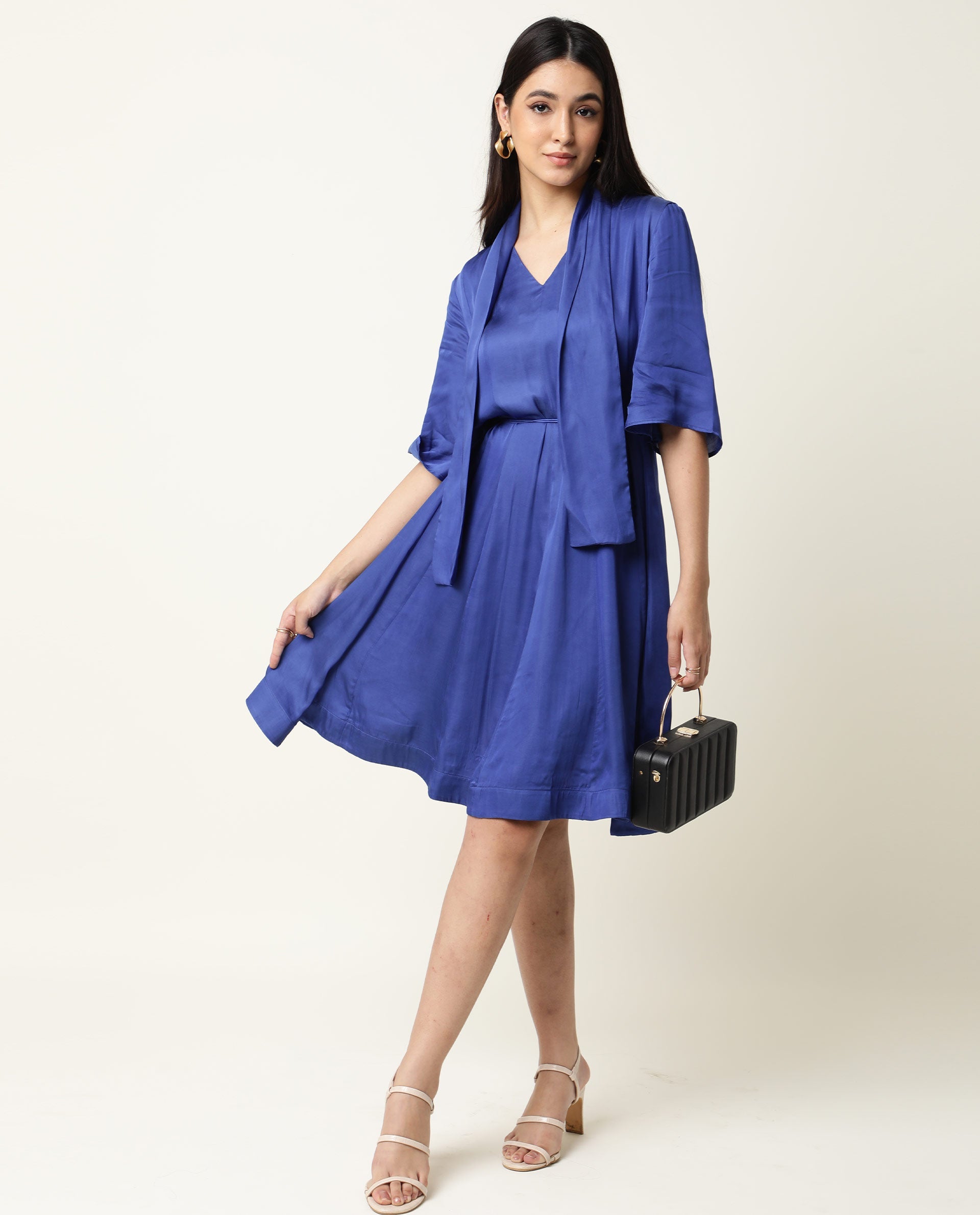 Rareism Women Yeme Blue V Neck With Tie Up Flared Sleeves Mini Dress
