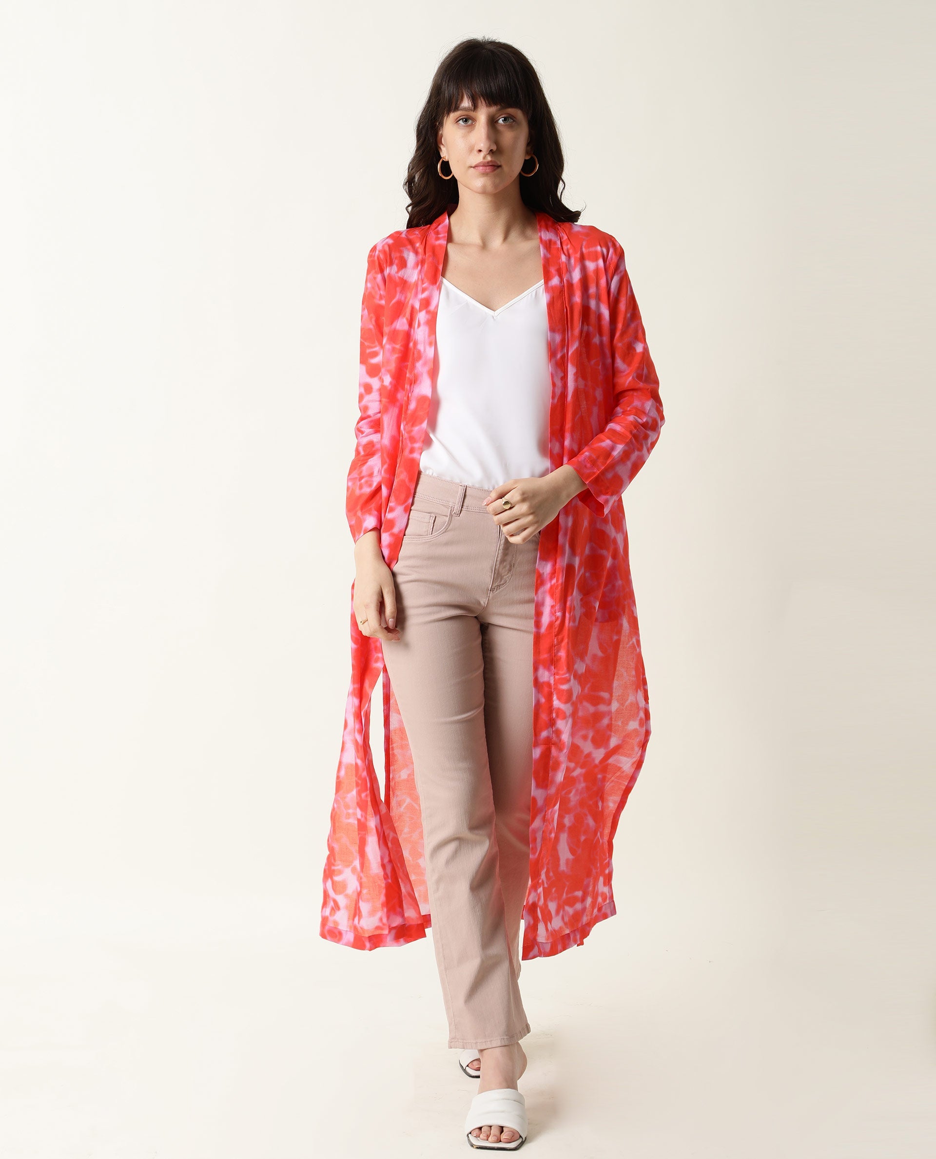 Rareism Women Lays Dark Red Cotton Fabric Regular Fit Abstract Print Collarless Outer Wear