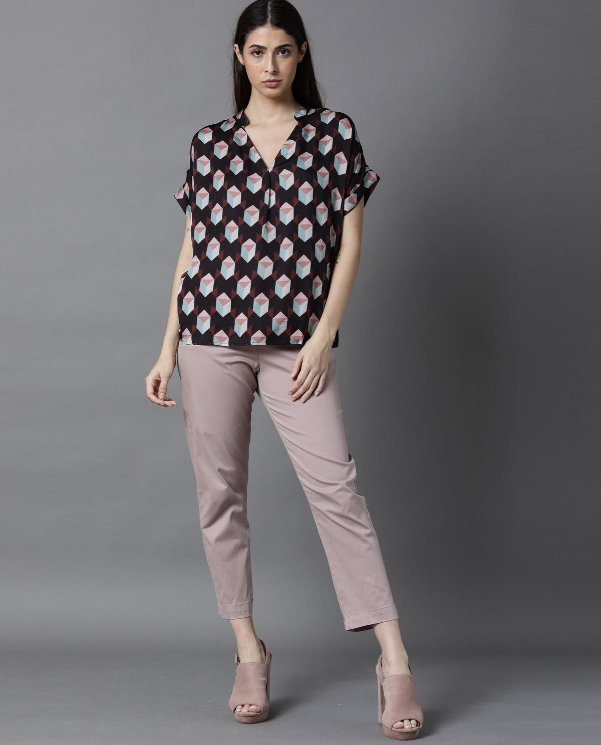 Rareism Women Ringo Brown Top Full Sleeves Printed