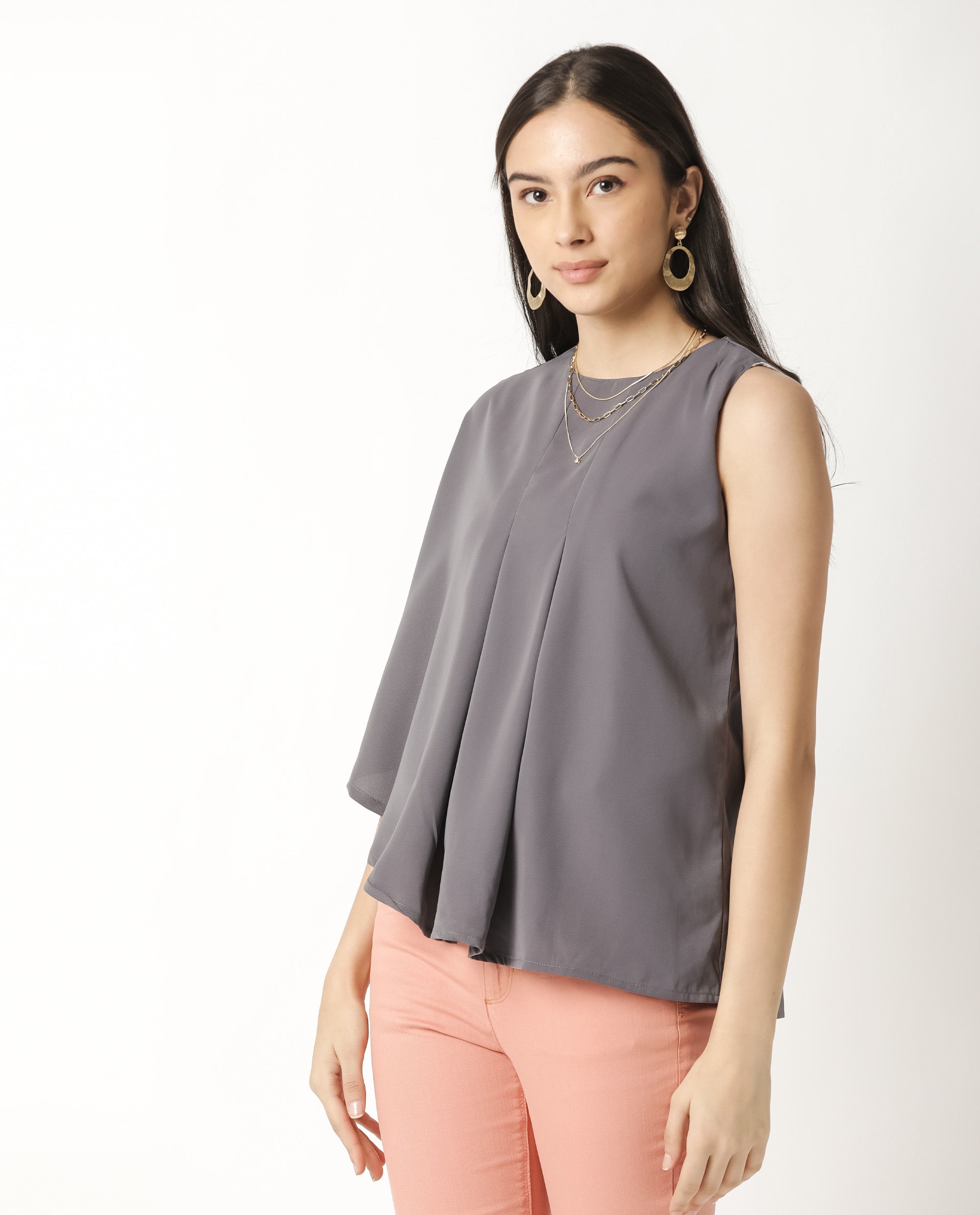 Rareism Womens Hudy Grey Top Polyester Fabric Relaxed Fit Flared Sleeve Round Neck