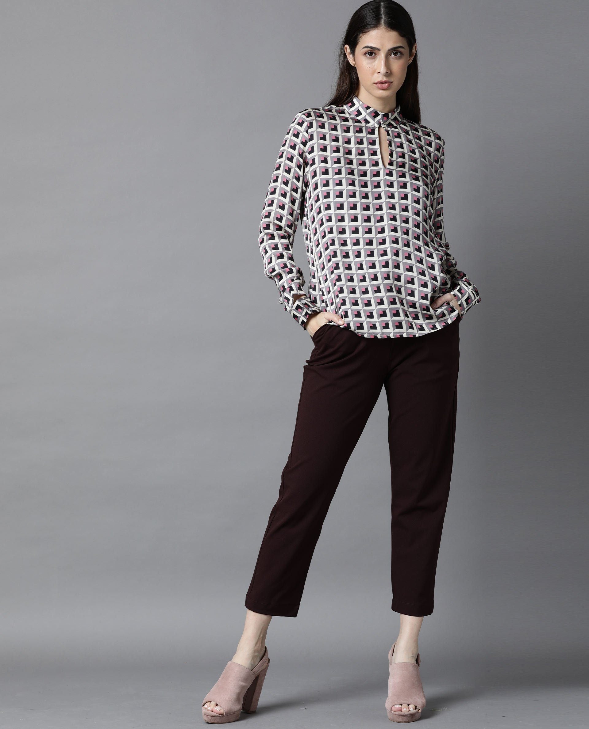 Rareism Women Appar Off White Tailored Fit Mandarin Collar Full Sleeves Geometric Print Top