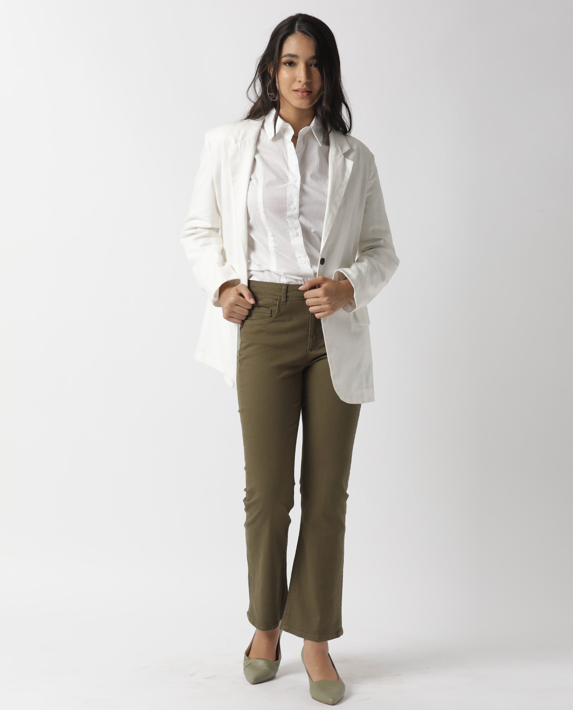 Rareism Women Camelo White Cotton Fabric Regular Fit Shirt Collar Full Sleeves Solid Top