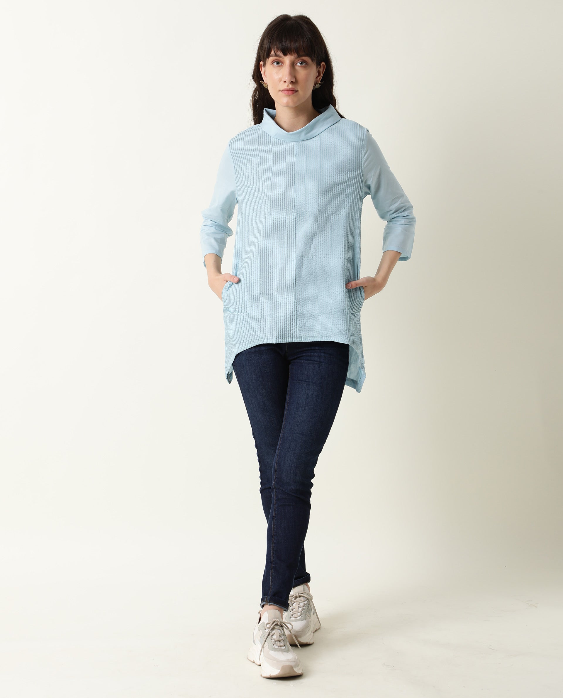 Rareism Women Printol Blue Cotton Fabric Regular Fit Turttle Neck 3/4Th Sleeves Ribbed Top