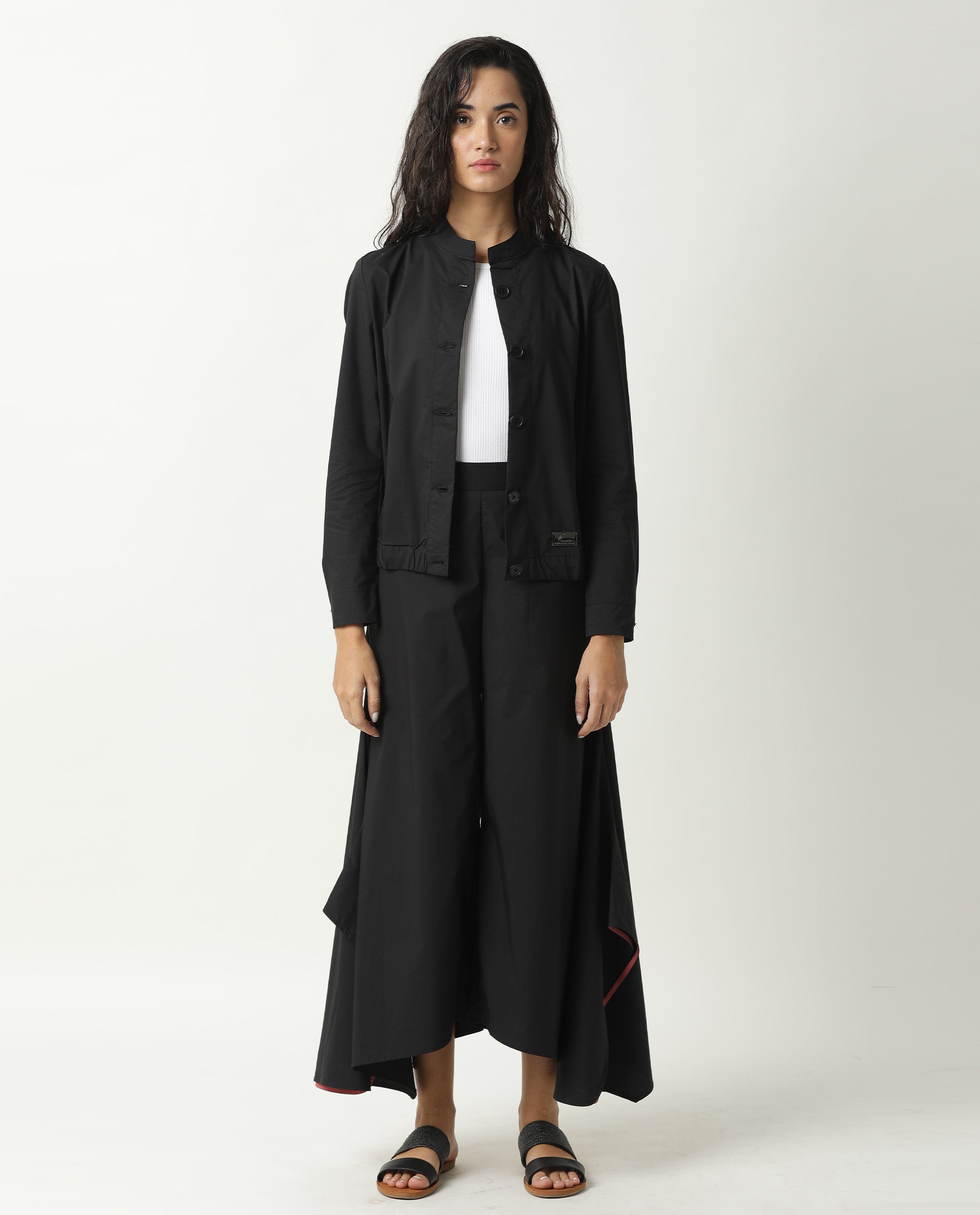 Rareism Women Aomori Black Poly Lycra Fabric Full Sleeves Solid Mandarin Collar Jacket