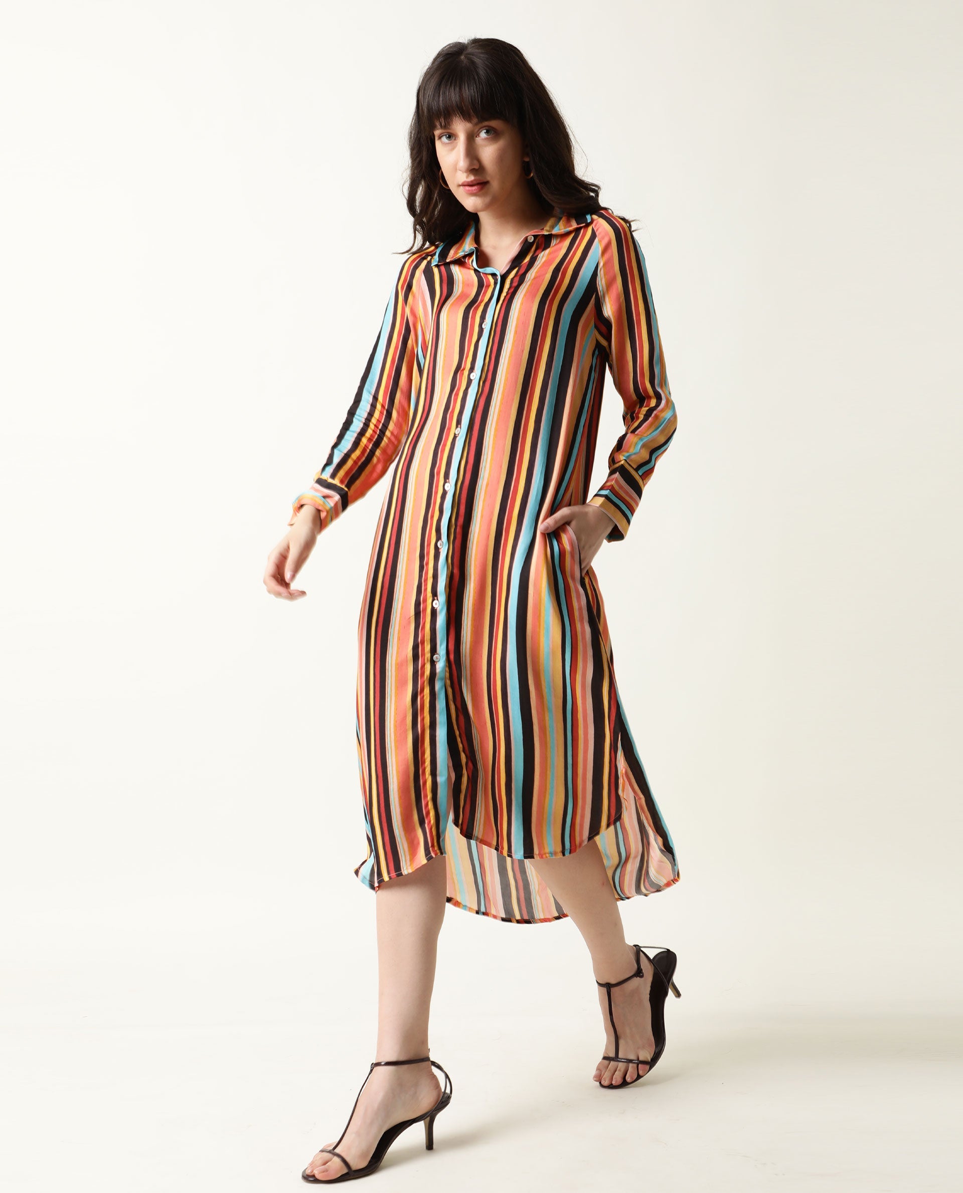 Rareism Women Mathers Brown Striped Shirt Collar Full Sleeves Cuff Full Front Button Placket Pockets Side Slit Midi Dress
