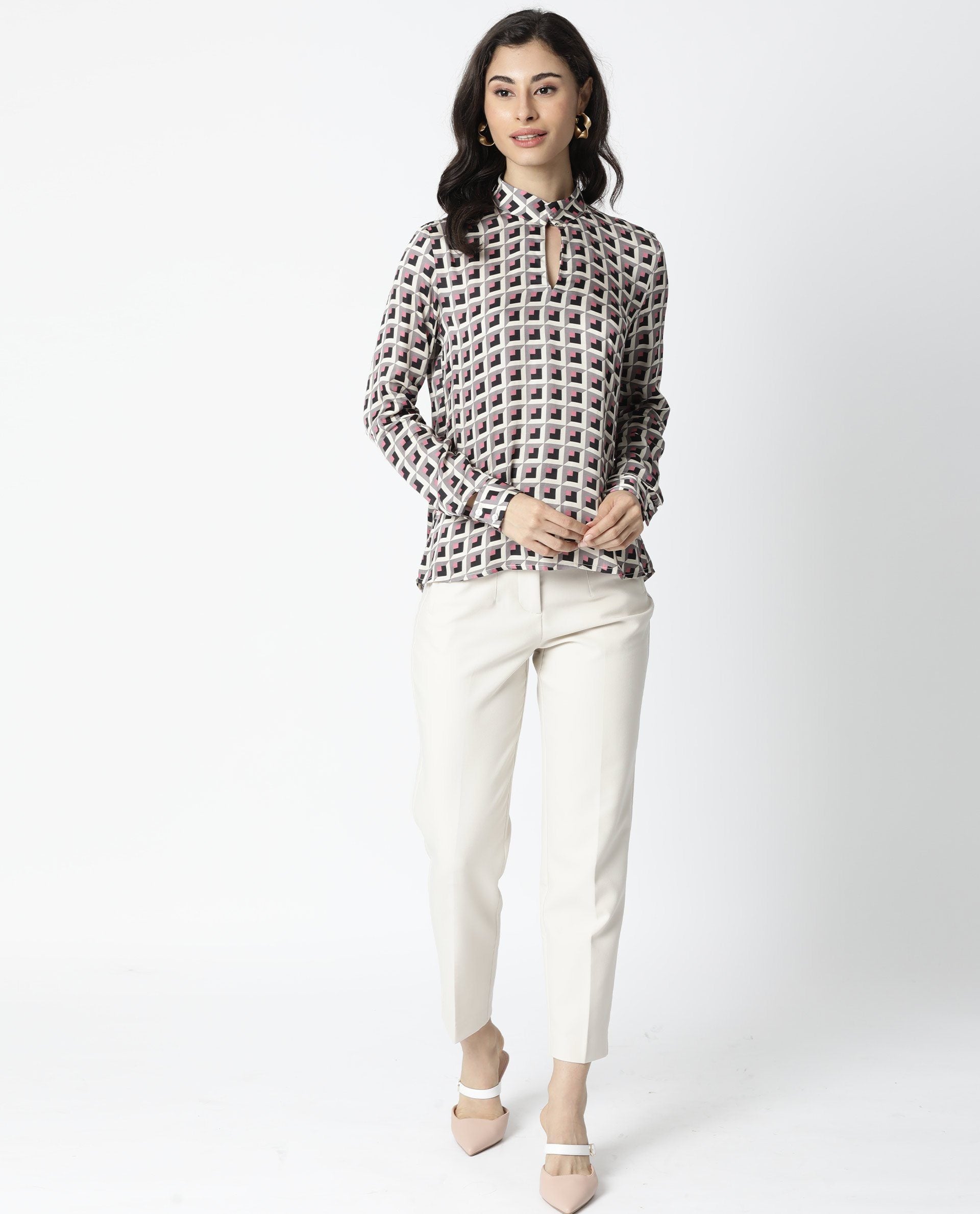 Rareism Women Appar Off White Tailored Fit Mandarin Collar Full Sleeves Geometric Print Top