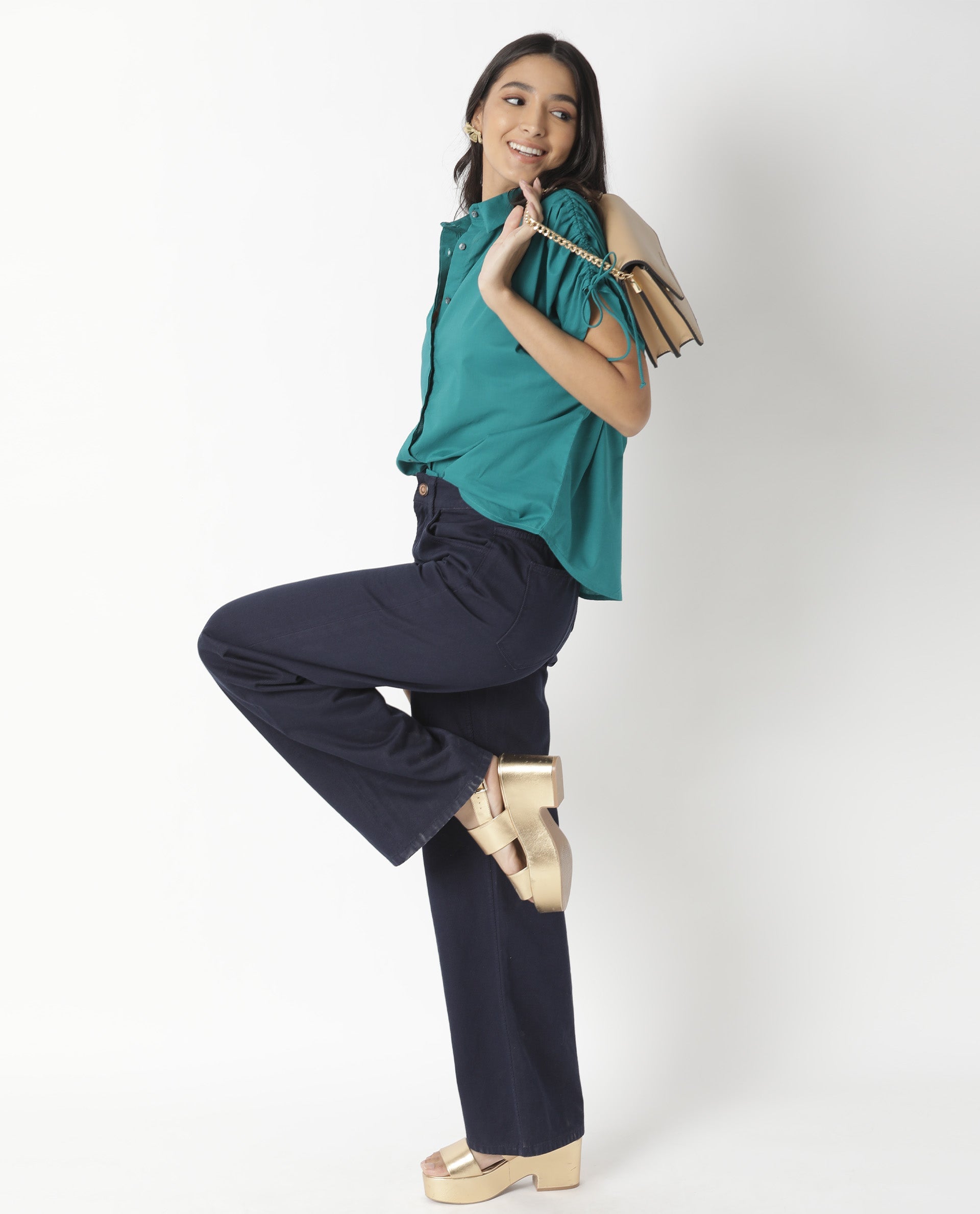 Rareism Women Tamara Dark Petrol Cotton Fabric Regular Fit Shirt Collar Half Sleeves Solid Top