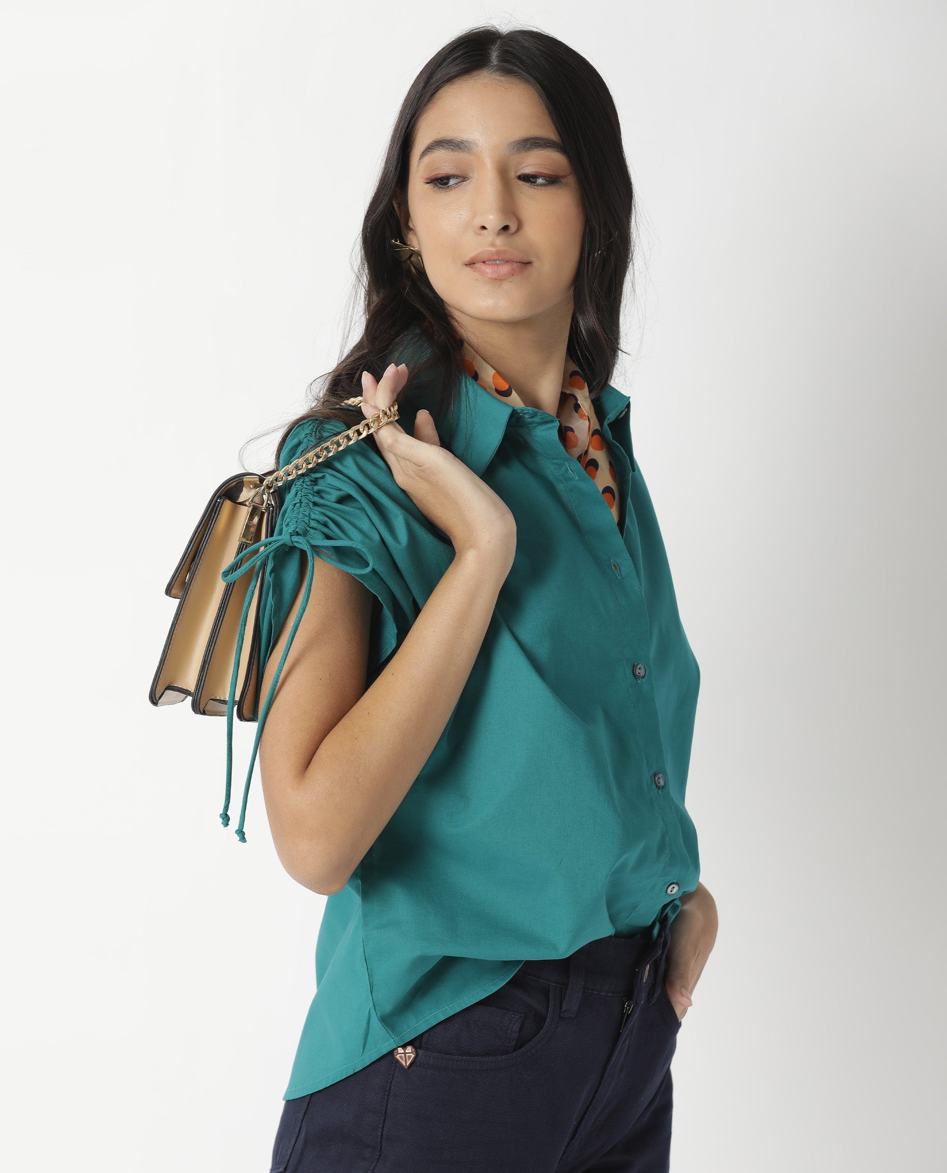 Rareism Women Tamara Dark Petrol Cotton Fabric Regular Fit Shirt Collar Half Sleeves Solid Top