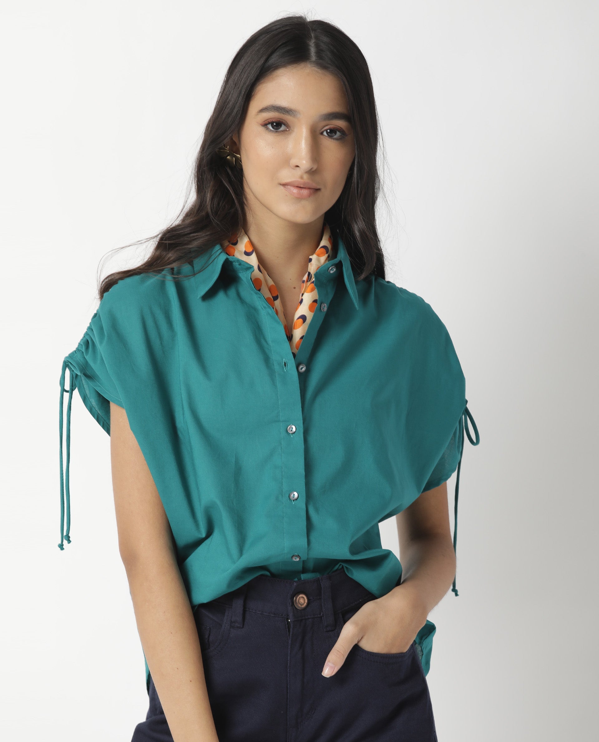 Rareism Women Tamara Dark Petrol Cotton Fabric Regular Fit Shirt Collar Half Sleeves Solid Top