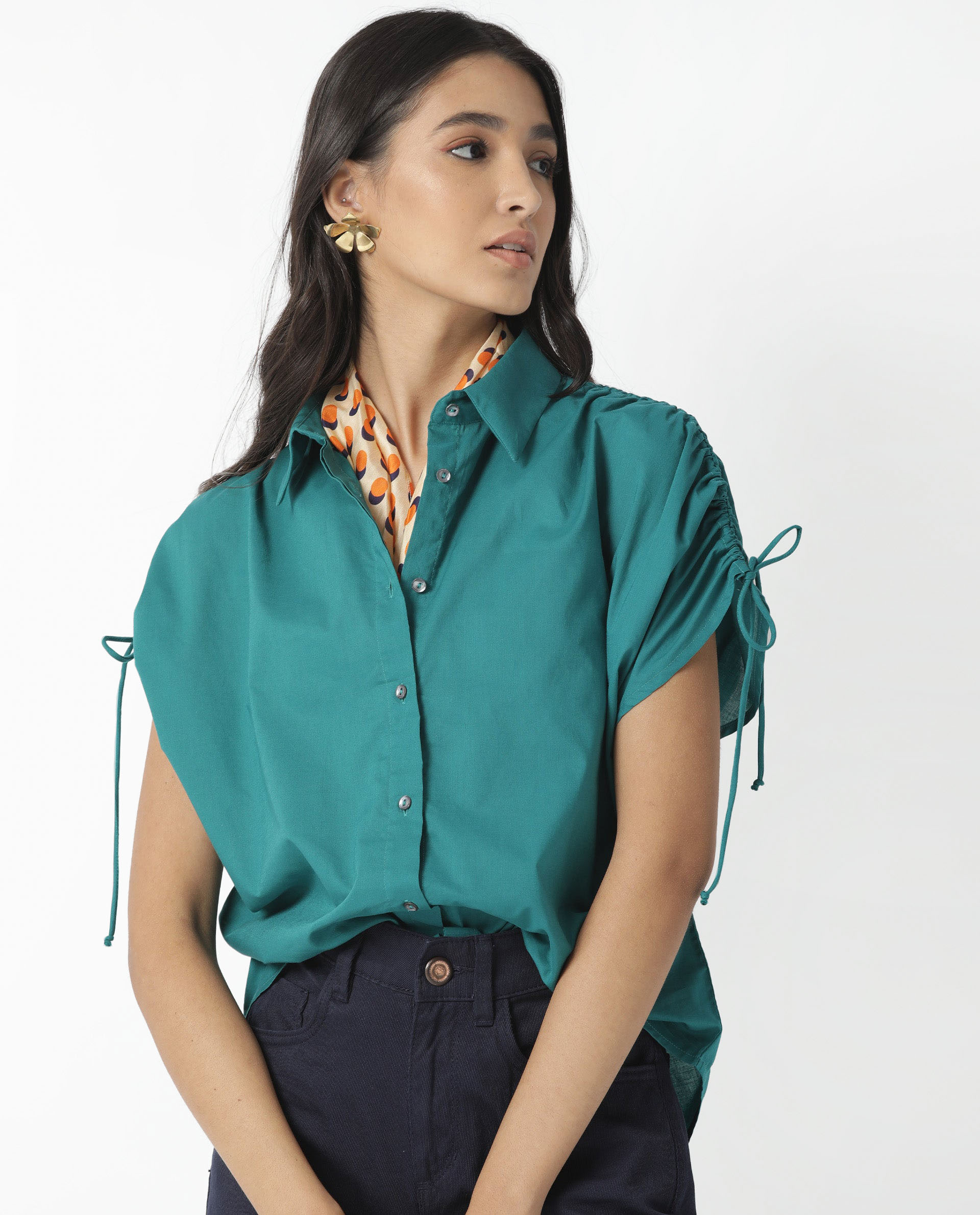 Rareism Women Tamara Dark Petrol Cotton Fabric Regular Fit Shirt Collar Half Sleeves Solid Top