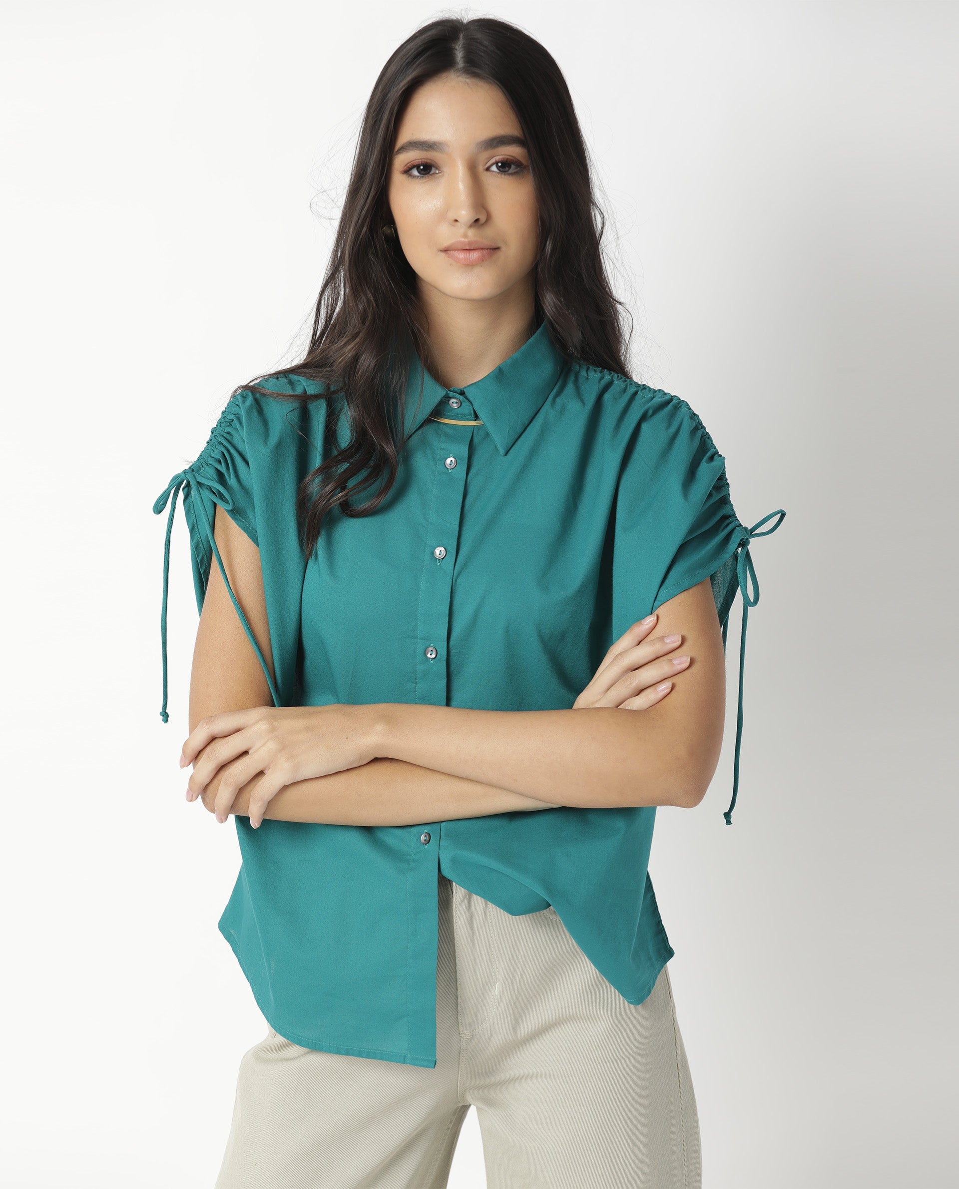 Rareism Women Tamara Dark Petrol Cotton Fabric Regular Fit Shirt Collar Half Sleeves Solid Top