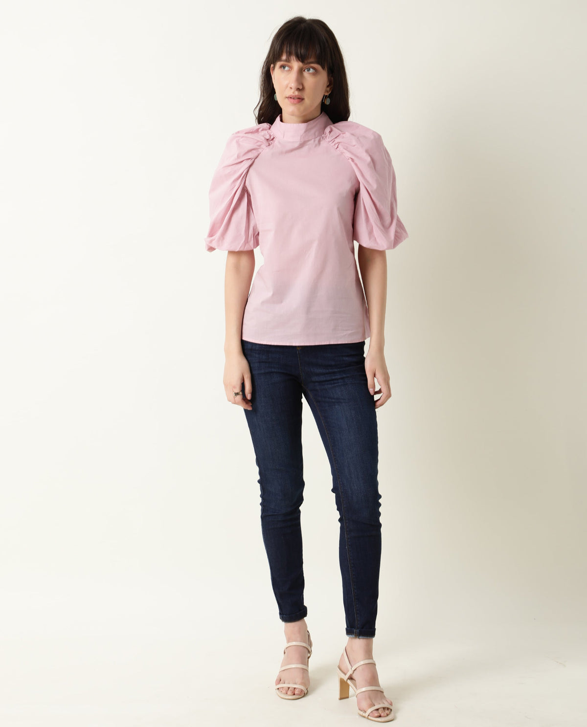 Rareism Womens Bobby Pink Top Cotton Fabric Half Sleeve High Neck