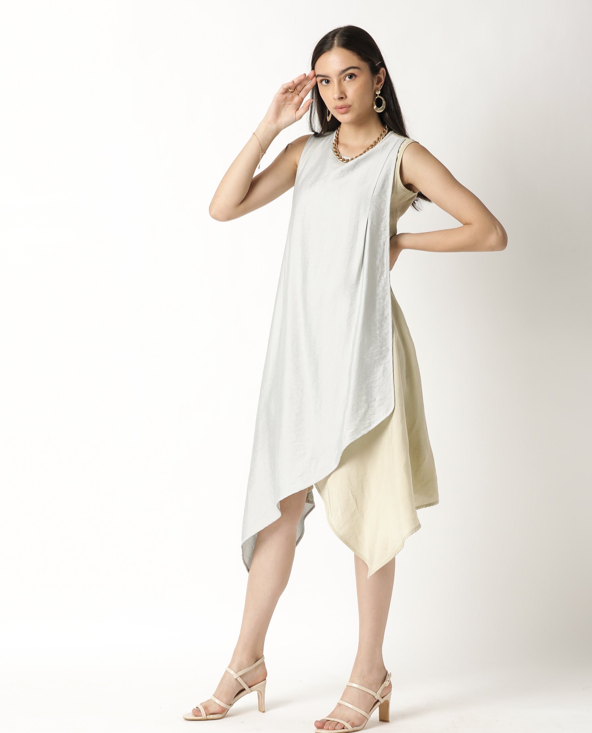 Rareism Women Xavier Blue Boat Neck Sleeveless Overlap Panel In Front With Asymmetric Midi Dress