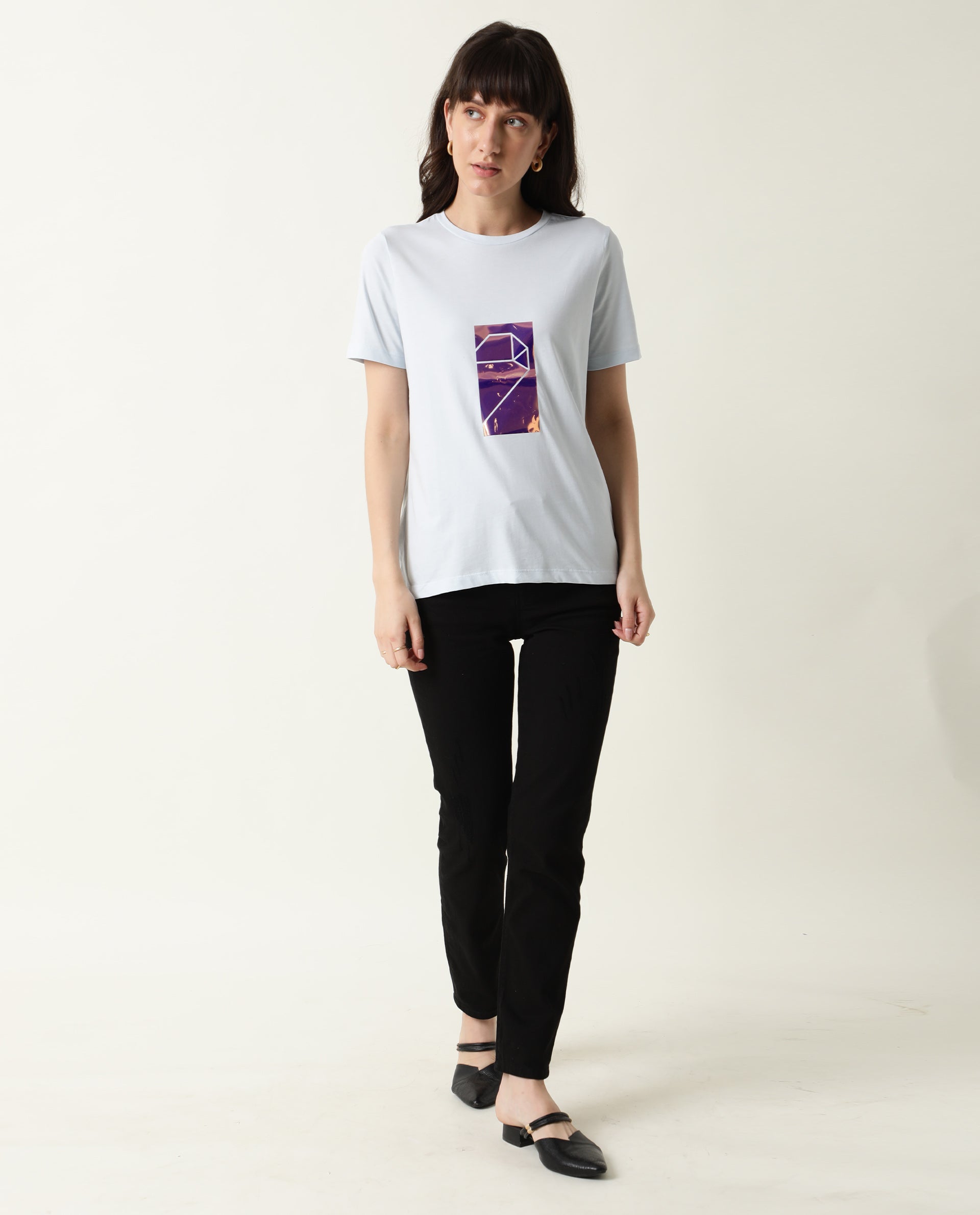 Rareism Women Gulf Pastel Blue Cotton Fabric Regular Fit Half Sleeves Graphic Print Crew Neck T-Shirt