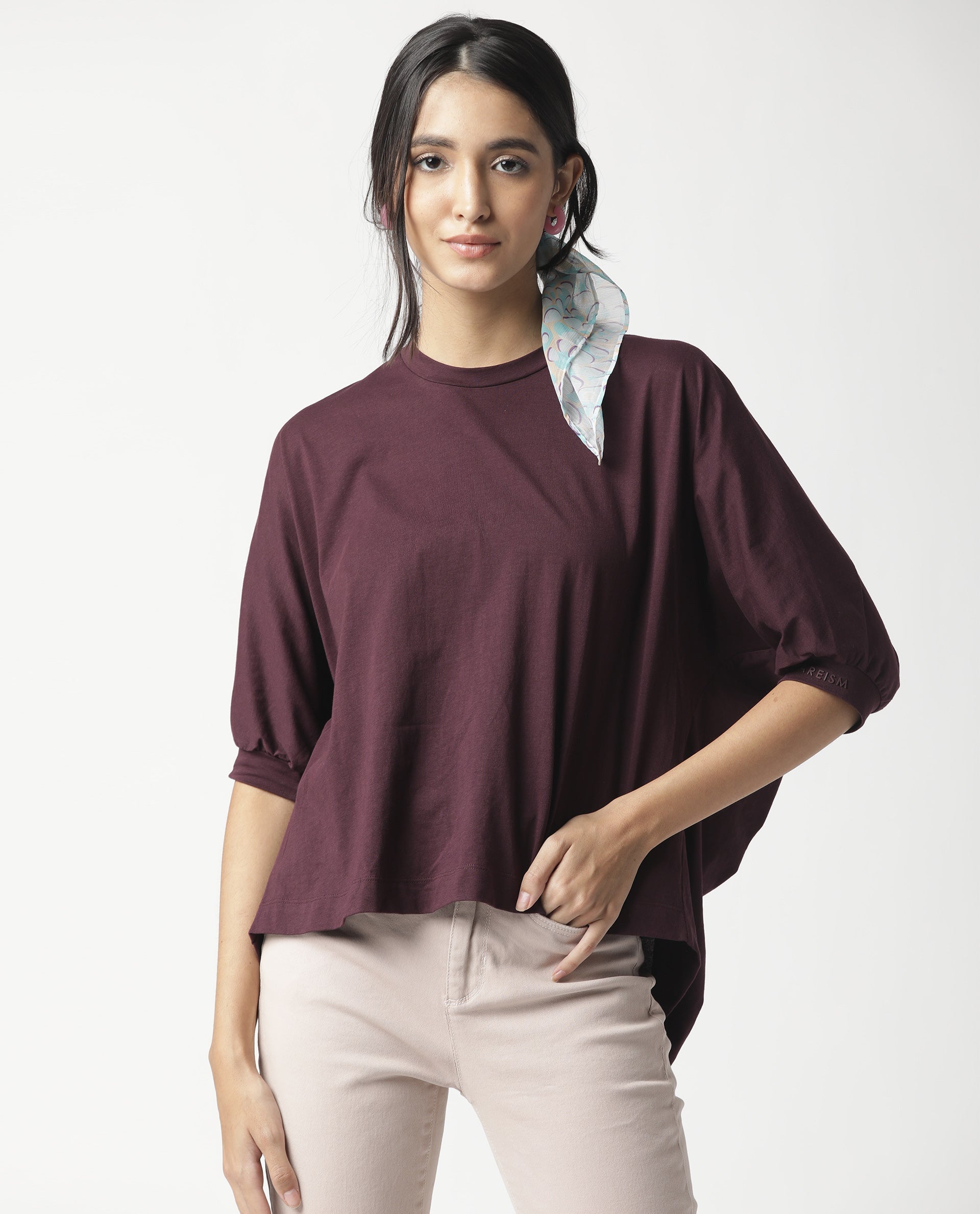 Rareism Womens Osmo Maroon Top Cotton Fabric Regular Fit Volume Sleeve Round Neck