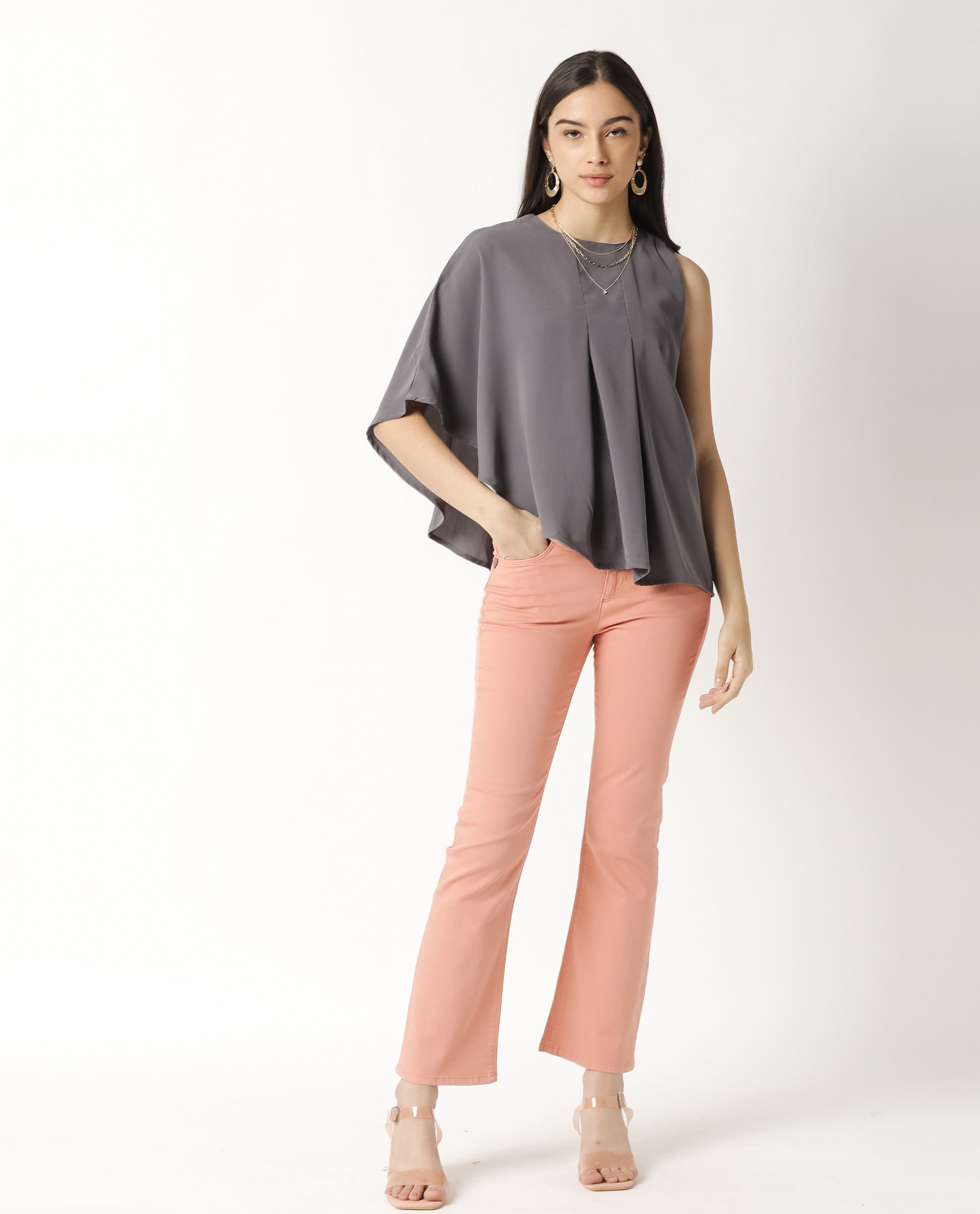 Rareism Womens Hudy Grey Top Polyester Fabric Relaxed Fit Flared Sleeve Round Neck