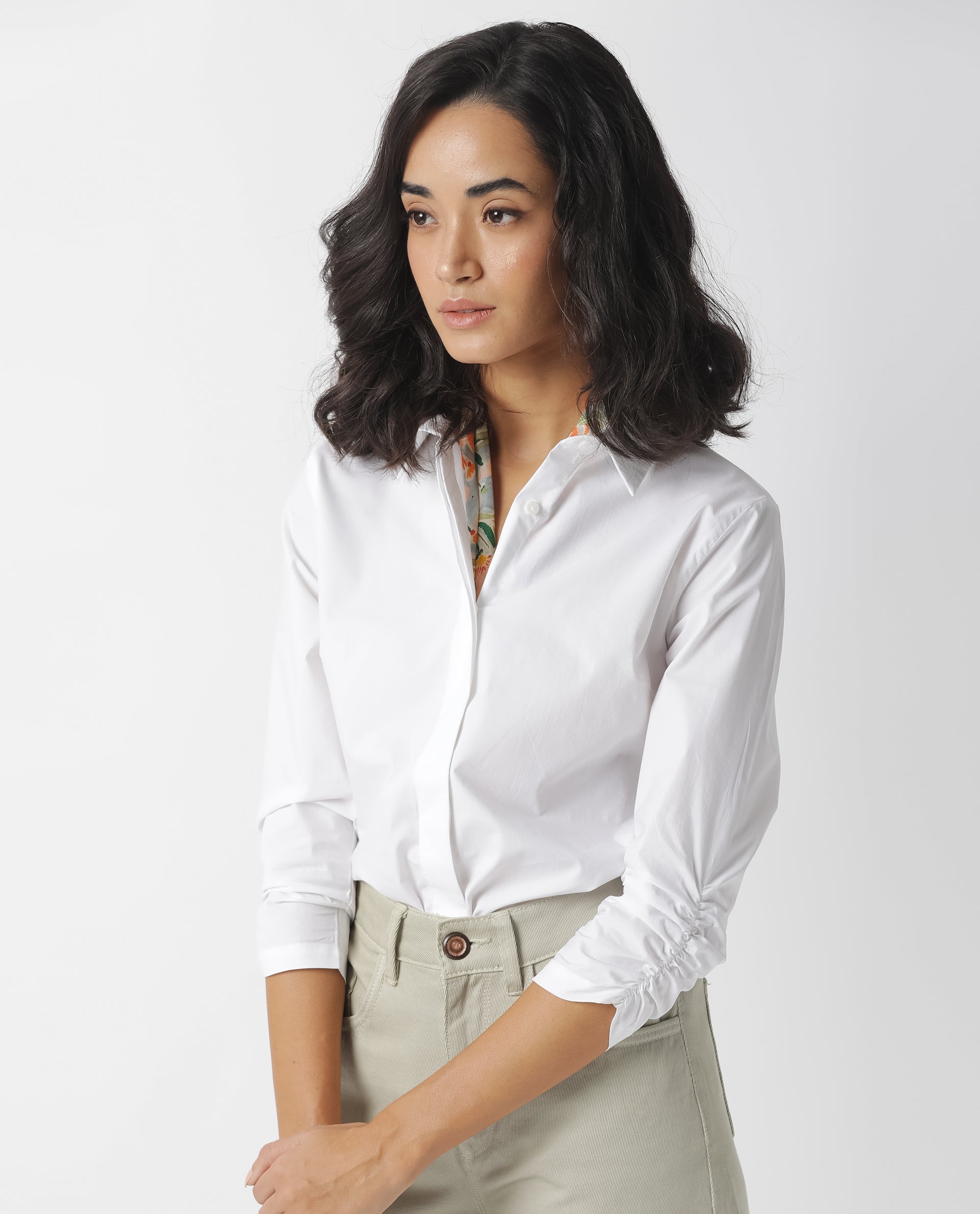 Rareism Women Cuddle White Cotton Lycra Fabric Regular Fit Shirt Collar 3/4Th Sleeves Solid Top