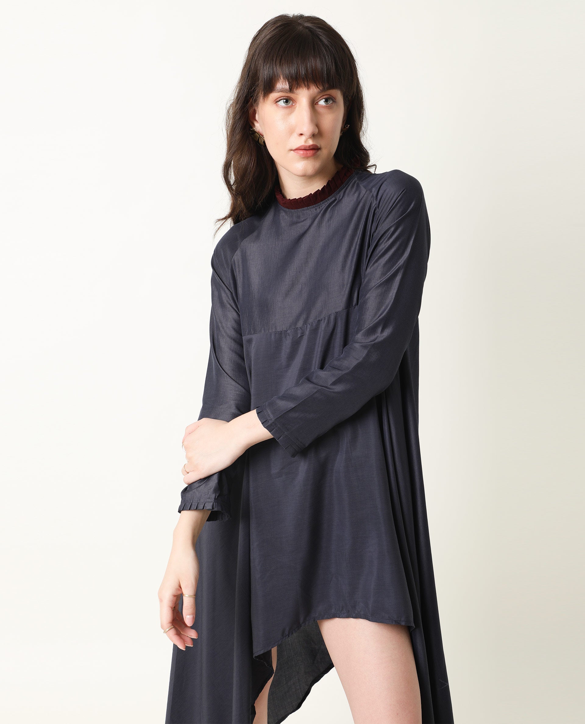 Rareism Womens Falcon Navy Dress Polyester Fabric Relaxed Fit Full Sleeve Round Neck