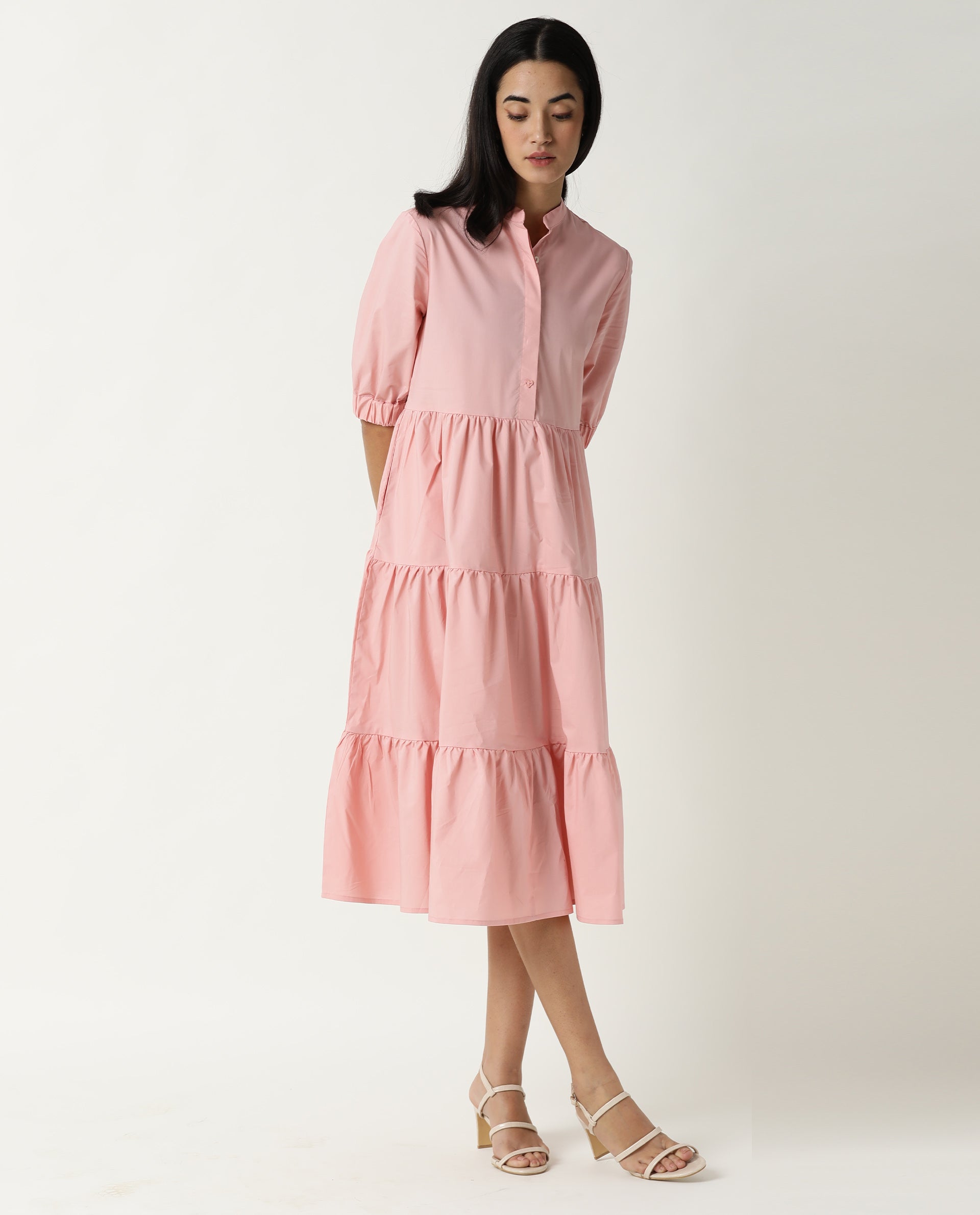Rareism Women Alena Pink Mandarin Collar 3/4 Sleeves With Pocket Tiered Knee Length Dress