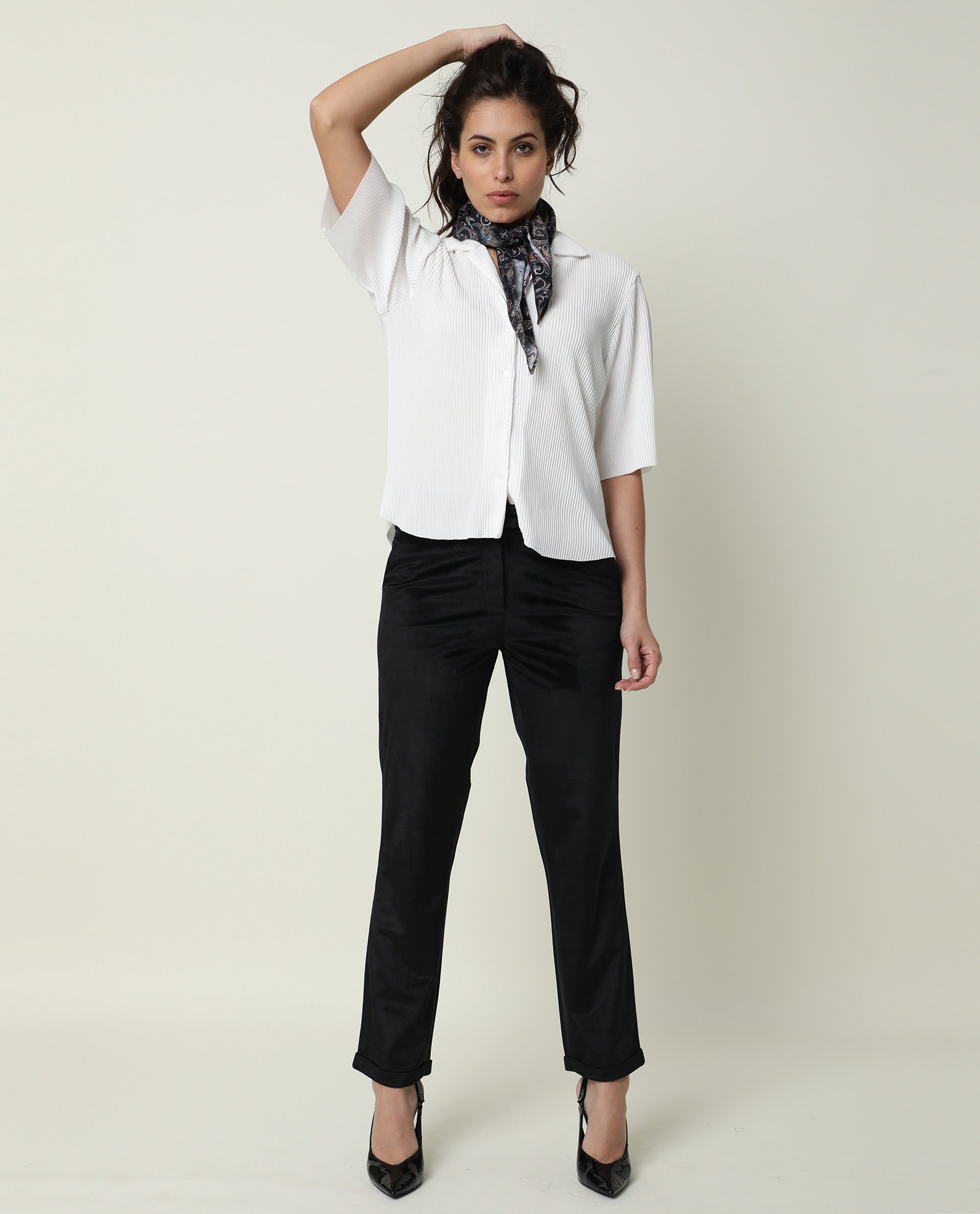 Rareism Womens Hoops White Top Polyester Fabric Fitted Fit Half Sleeve Collared Neck