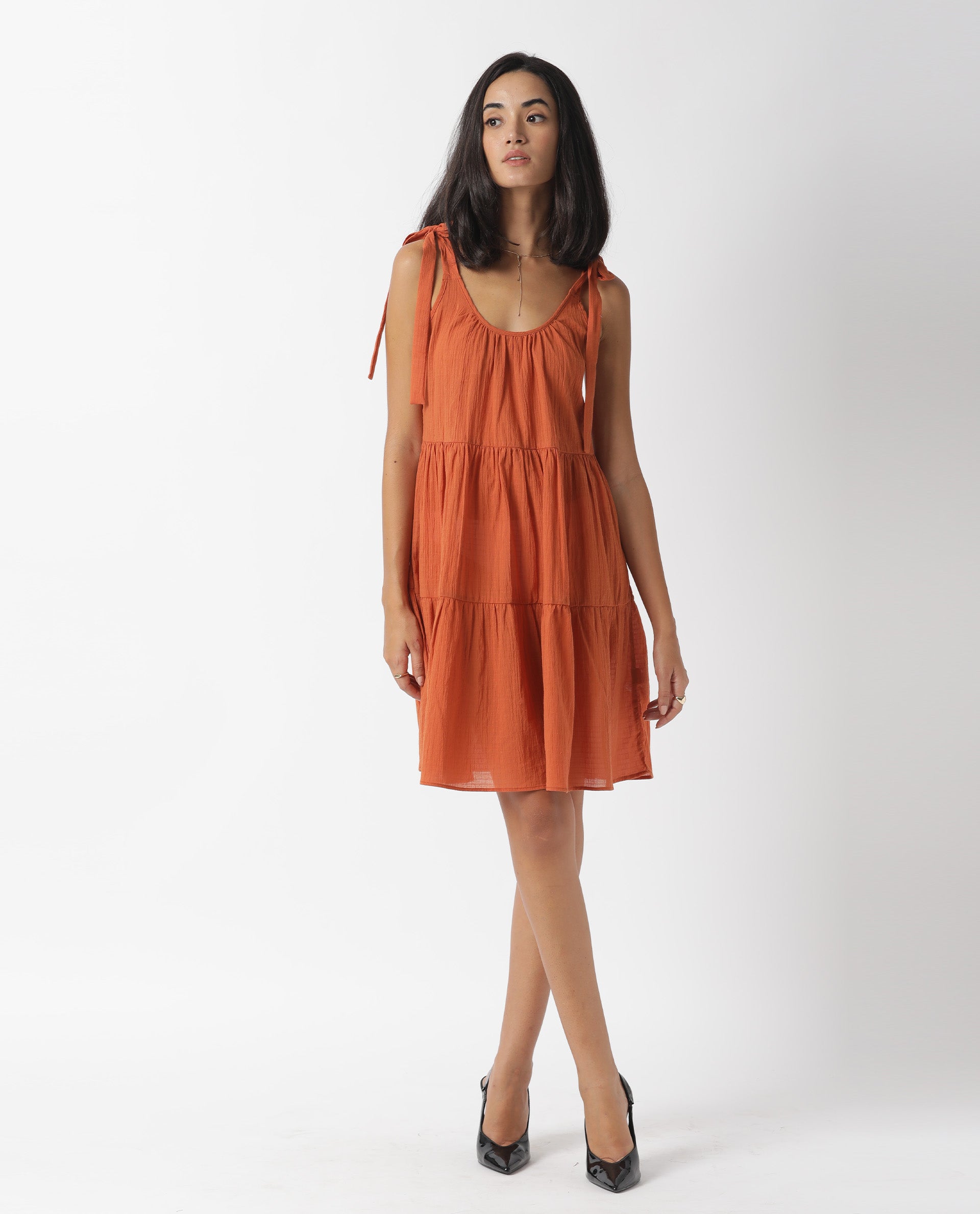 Rareism Women Melt Dark Rust Round Neck Tie Up Shoulder Straps Tiered Knee Length Dress