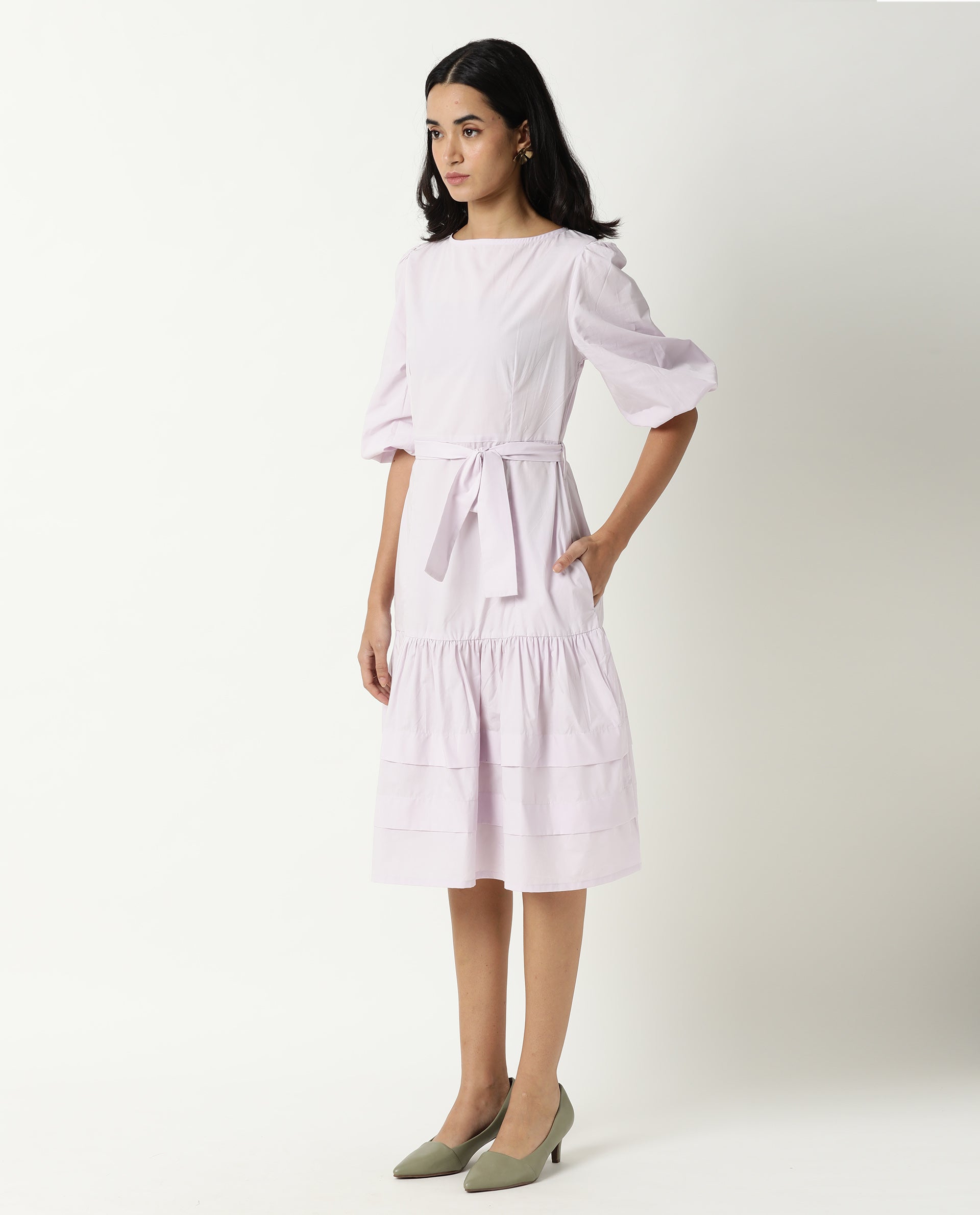 Rareism Women Hay Pastel Purple Boat Neck Puff Sleeves With Fabric Waist Belt And Back Zip Closure Midi Dress
