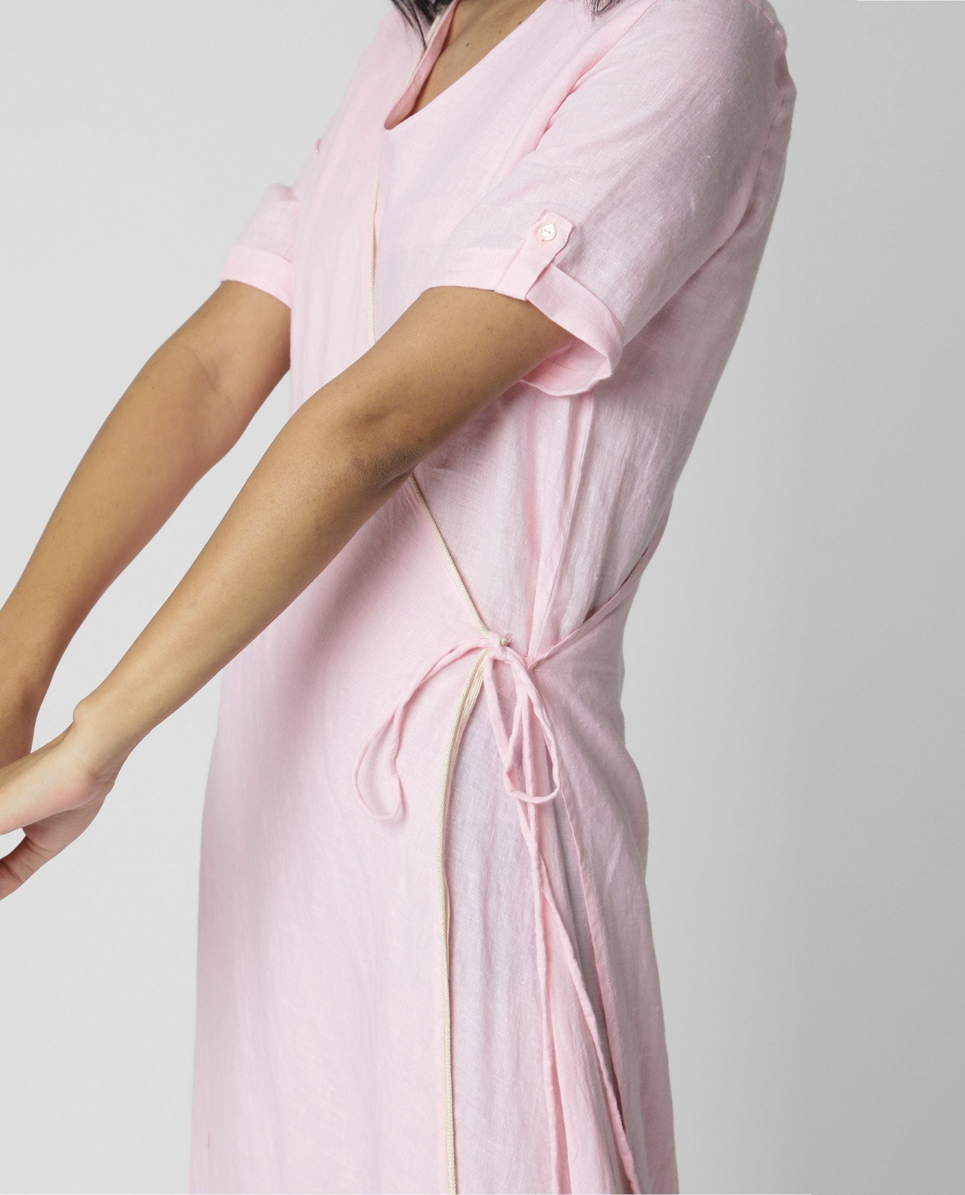 Rareism Womens Doodle Pink Cotton Linen Fabric Relaxed Fit Long Length Round Neck