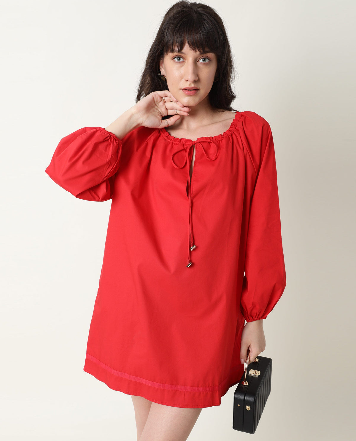 Rareism Womens Sapie Red Dress Cotton Fabric Boxy Fit Round Neck