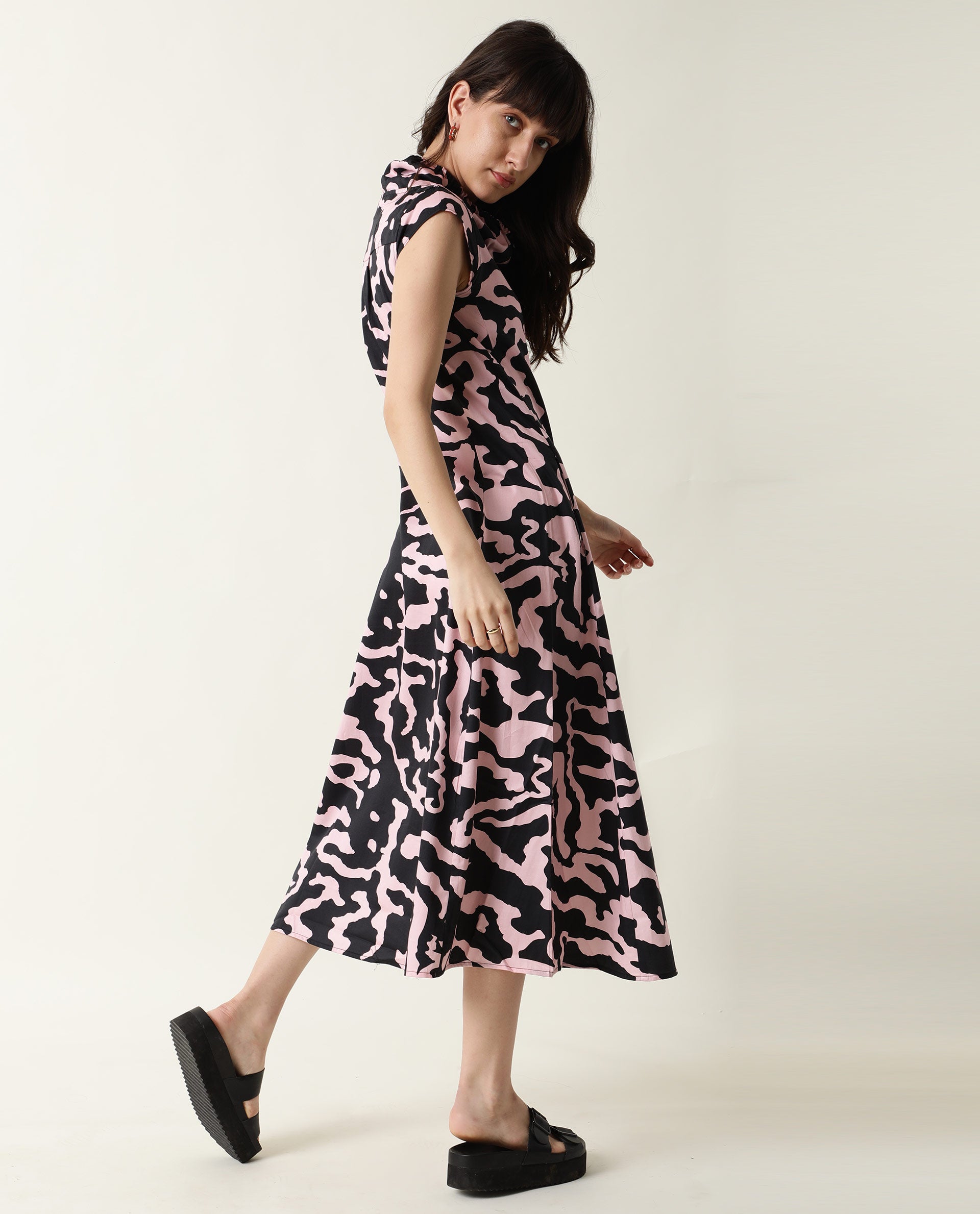 Rareism Womens Santro Black Dress Cotton Satin Fabric Regular Fit Short Sleeve High Neck