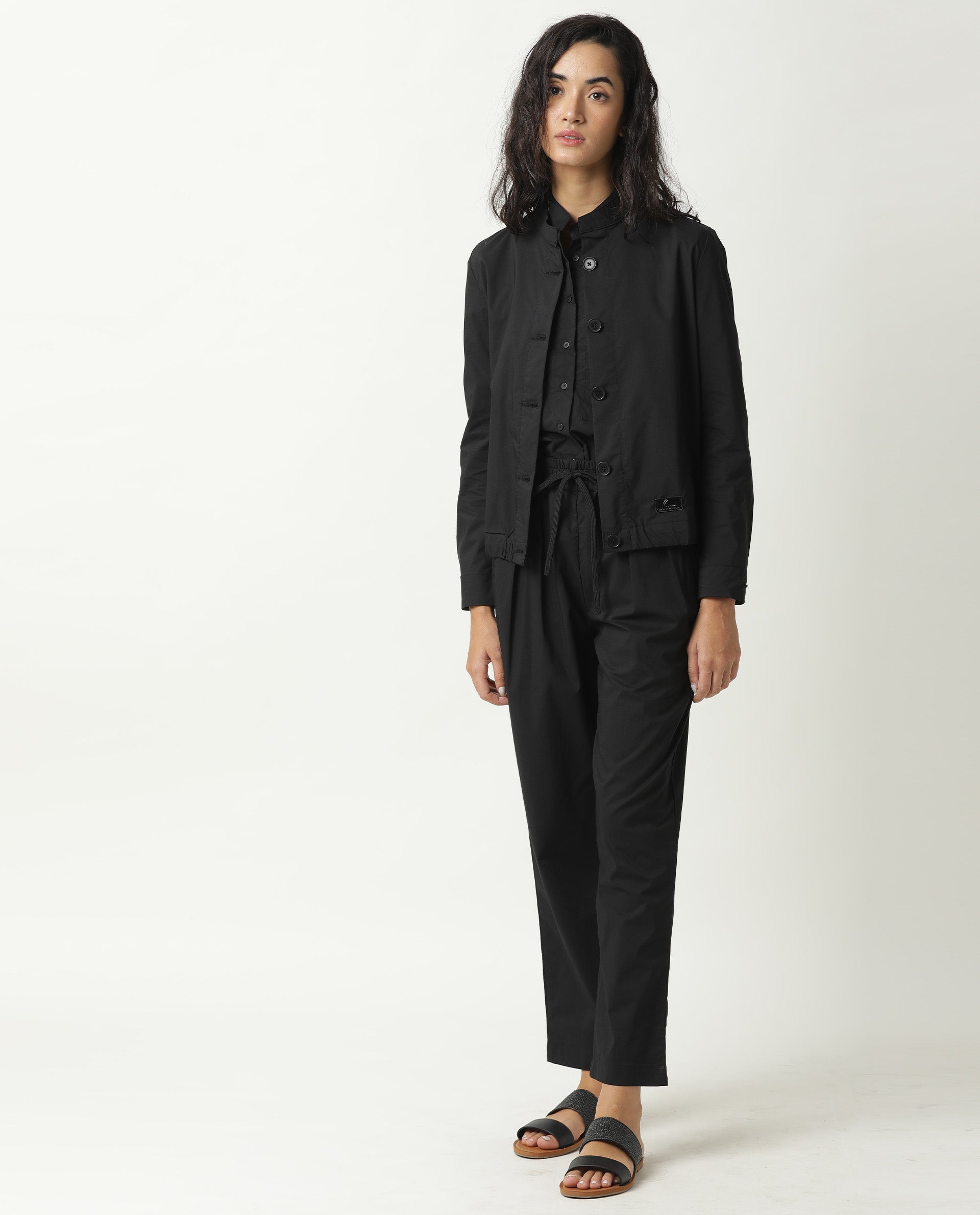 Rareism Women Aomori Black Poly Lycra Fabric Full Sleeves Solid Mandarin Collar Jacket