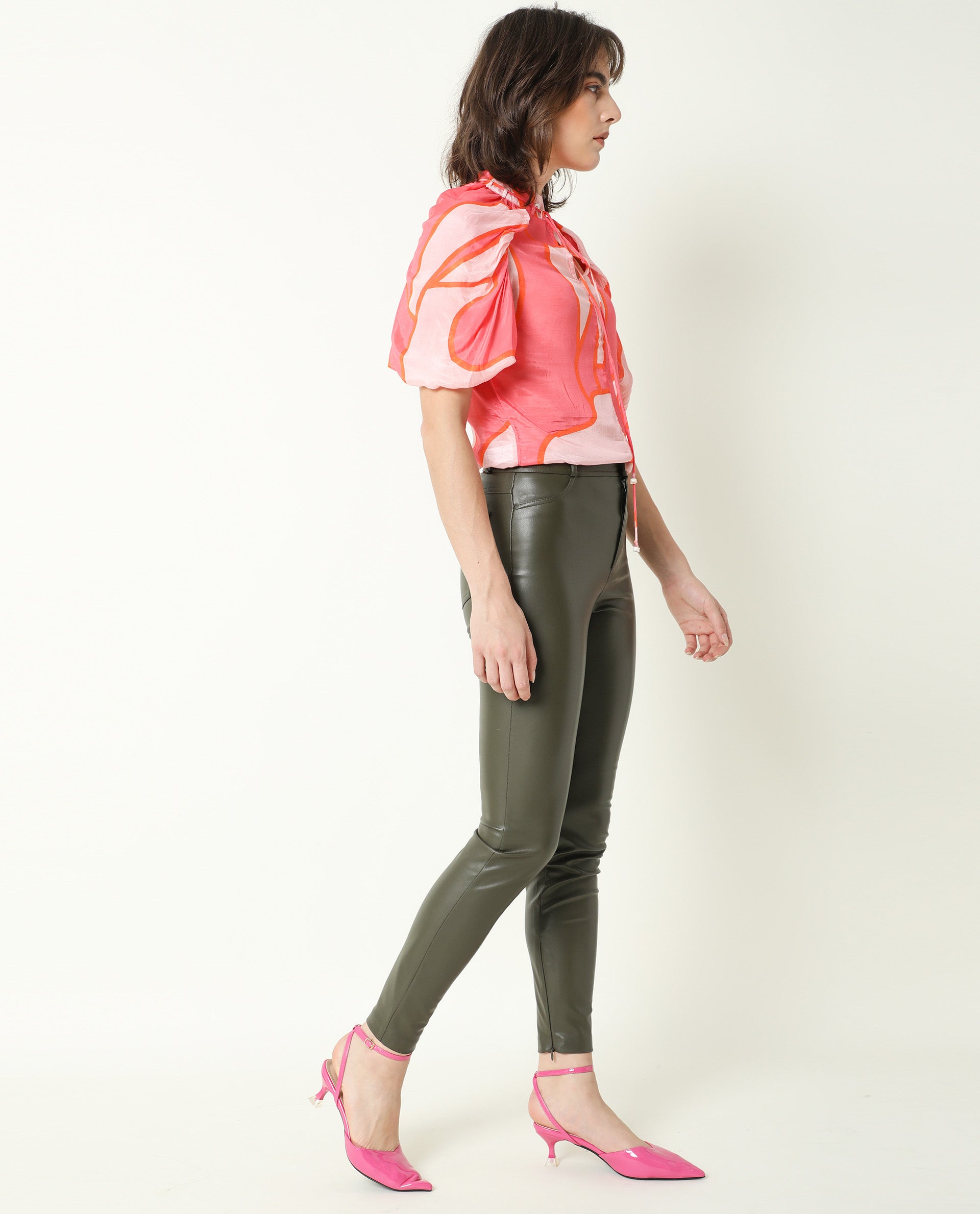 Rareism Women Theos Pink Cotton Silk Fabric Flared V-Neck Half Sleeves Abstract Print Top