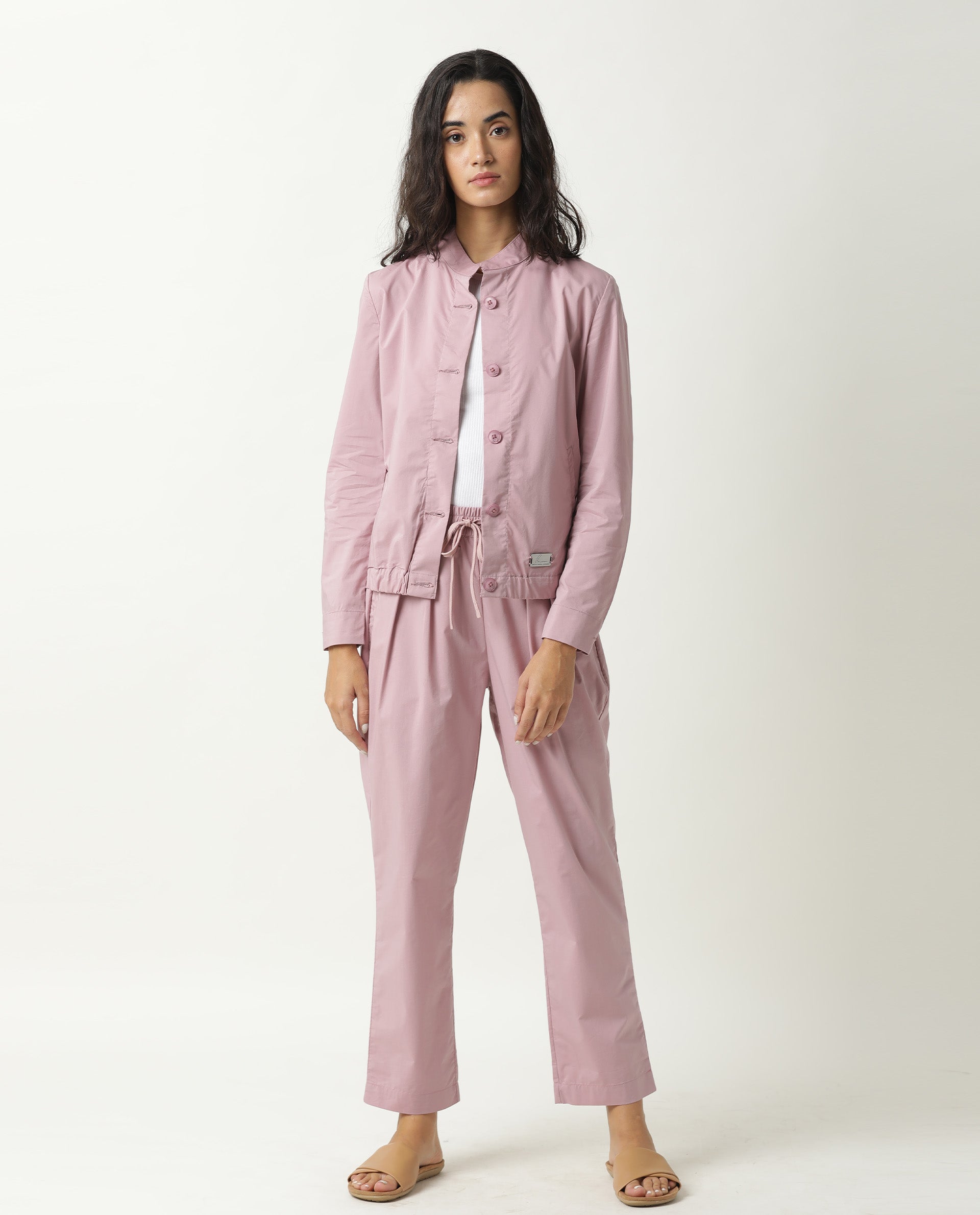 Rareism Women Aomori Pastel Purple Poly Lycra Fabric Full Sleeves Solid Mandarin Collar Jacket