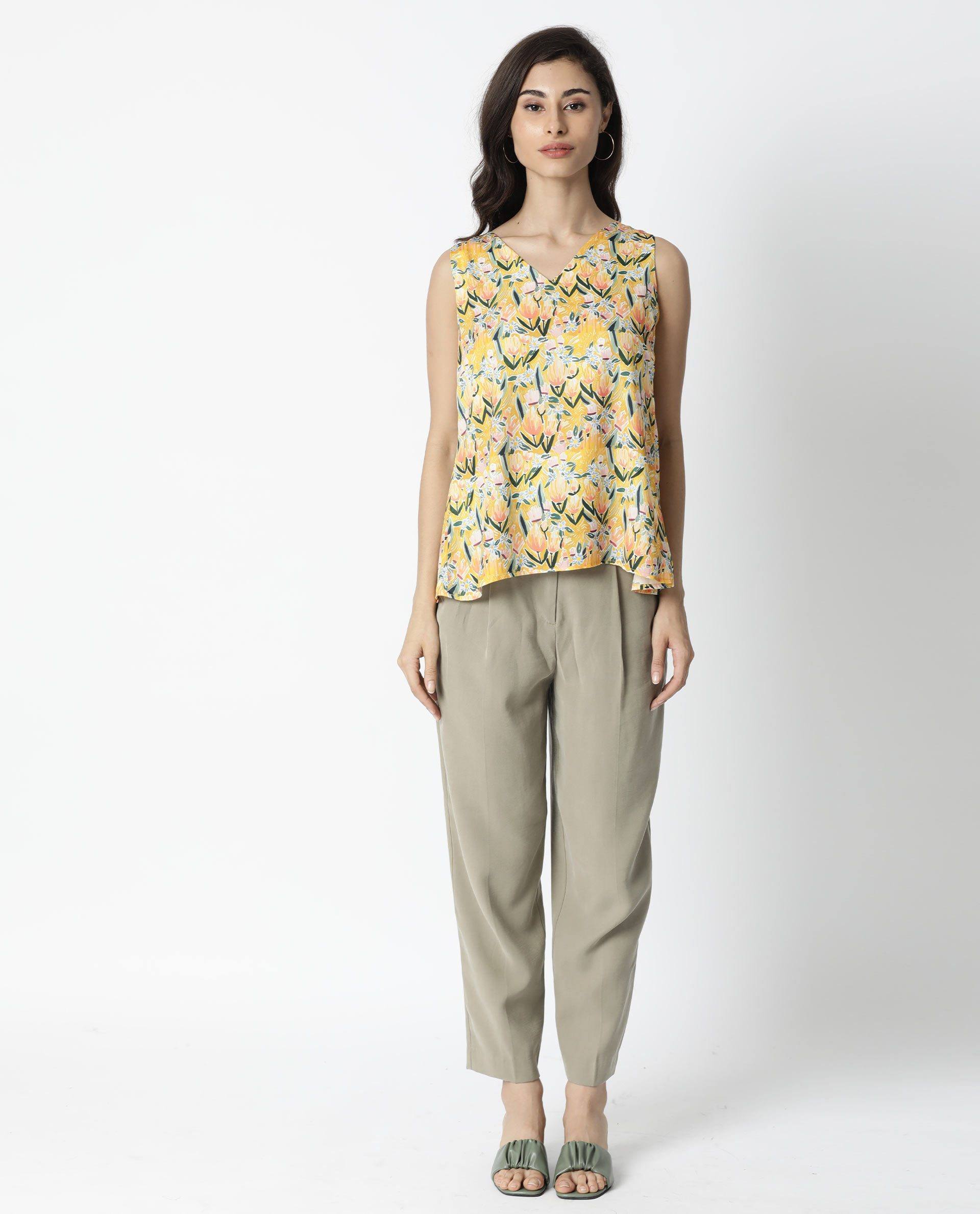 Rareism Women Look Yellow Relaxed Fit V-Neck Sleeveless Striped Top