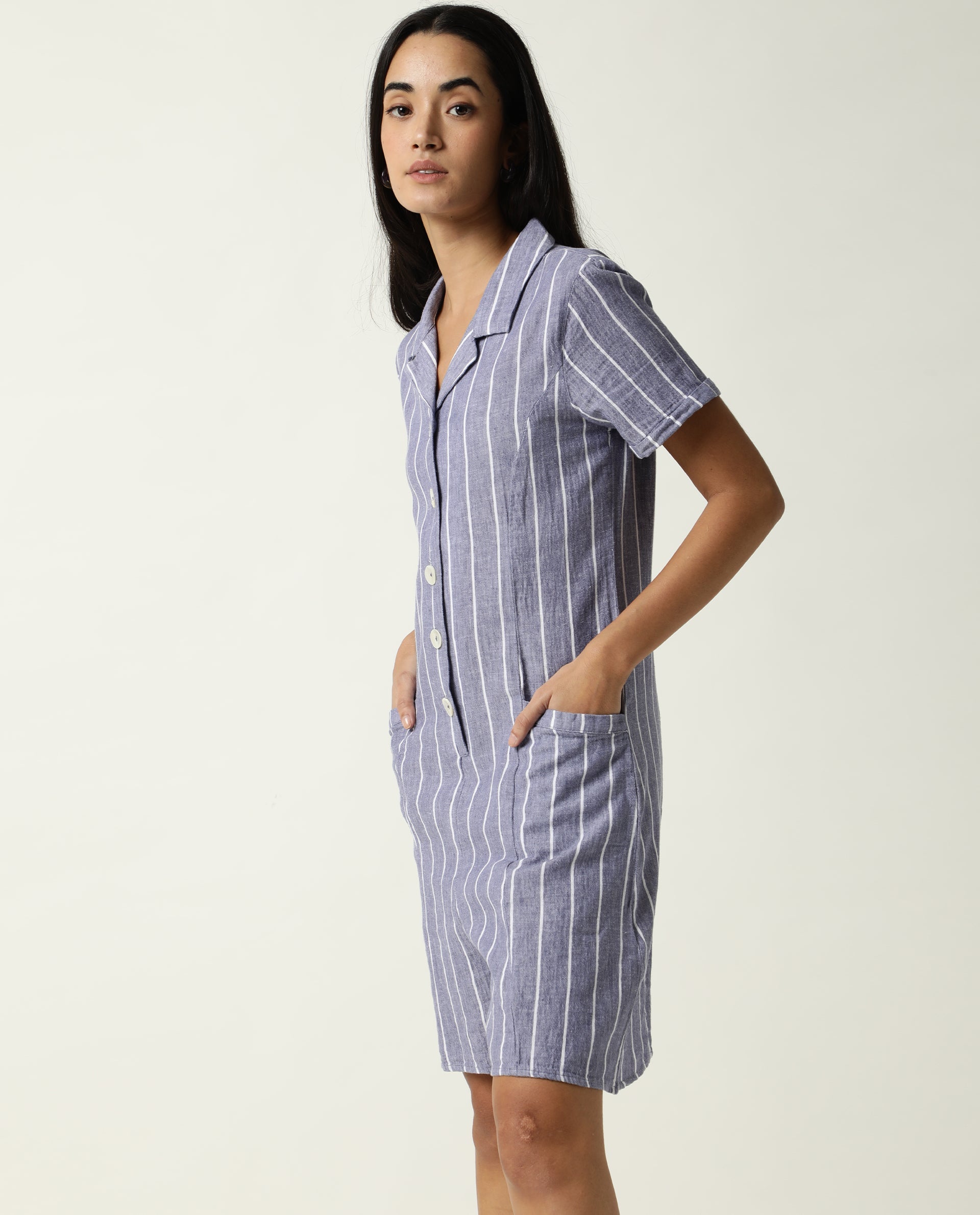 Rareism Women Lucio Blue Cotton Linen Fabric Tailored Fit Shirt Collar Striped Playsuit