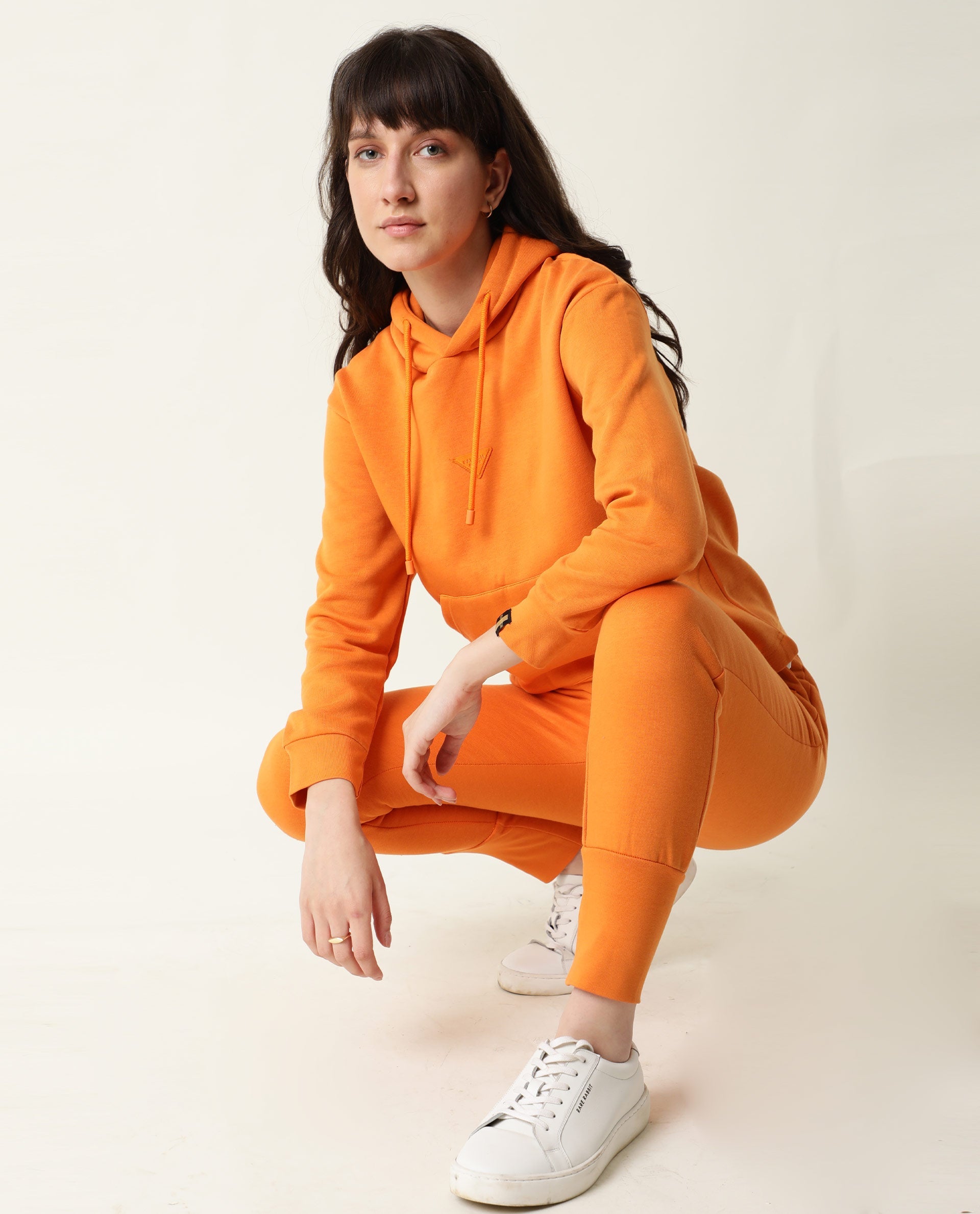 Rareism Women Wally-1 Orange Cotton Poly Fabric Relaxed Fit Full Sleeves Solid Hooded Sweatshirt