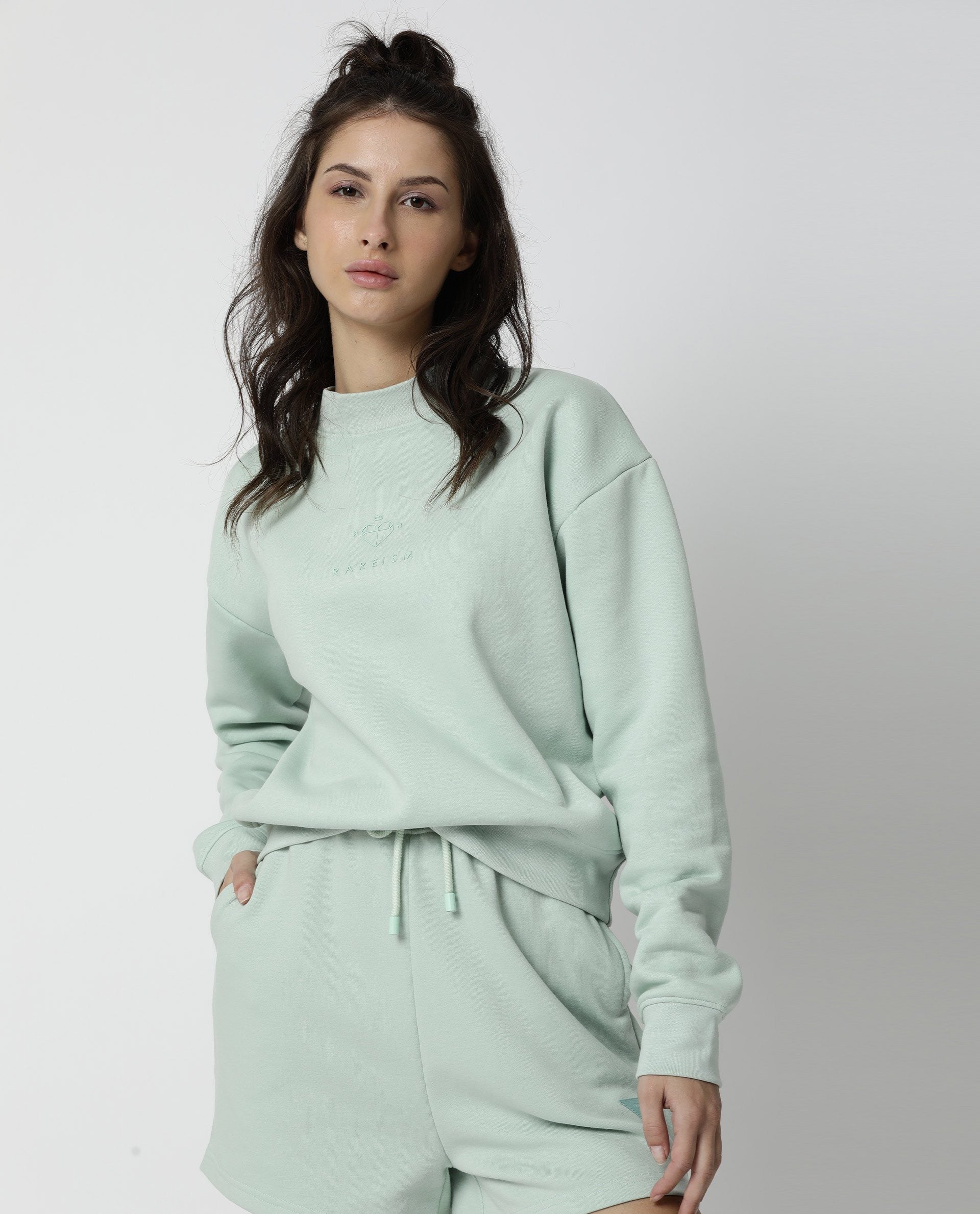 Rareism Womens Fury Green Sweatshirt Relaxed Fit Full Sleeves