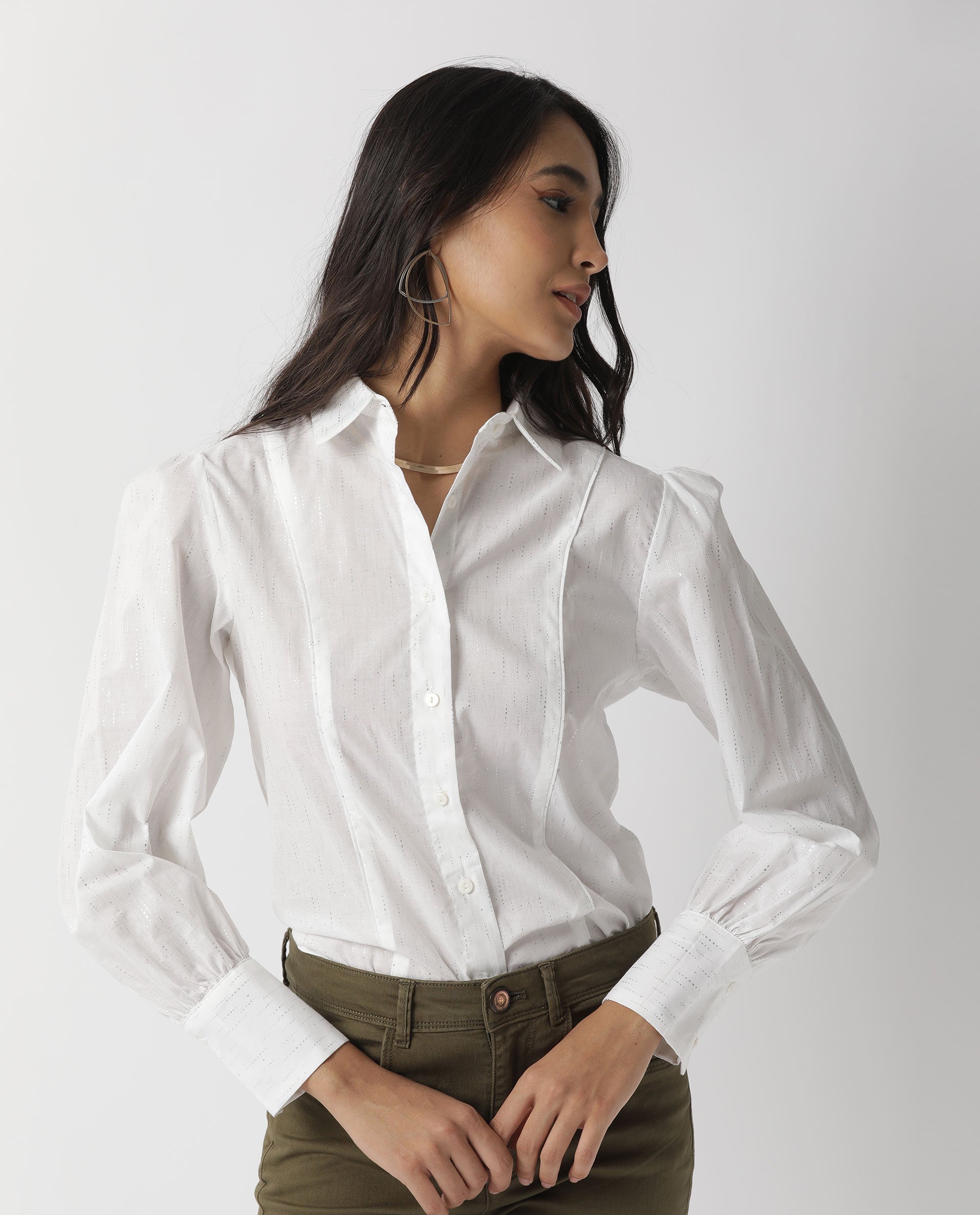Rareism Women Camelo White Cotton Fabric Regular Fit Shirt Collar Full Sleeves Solid Top