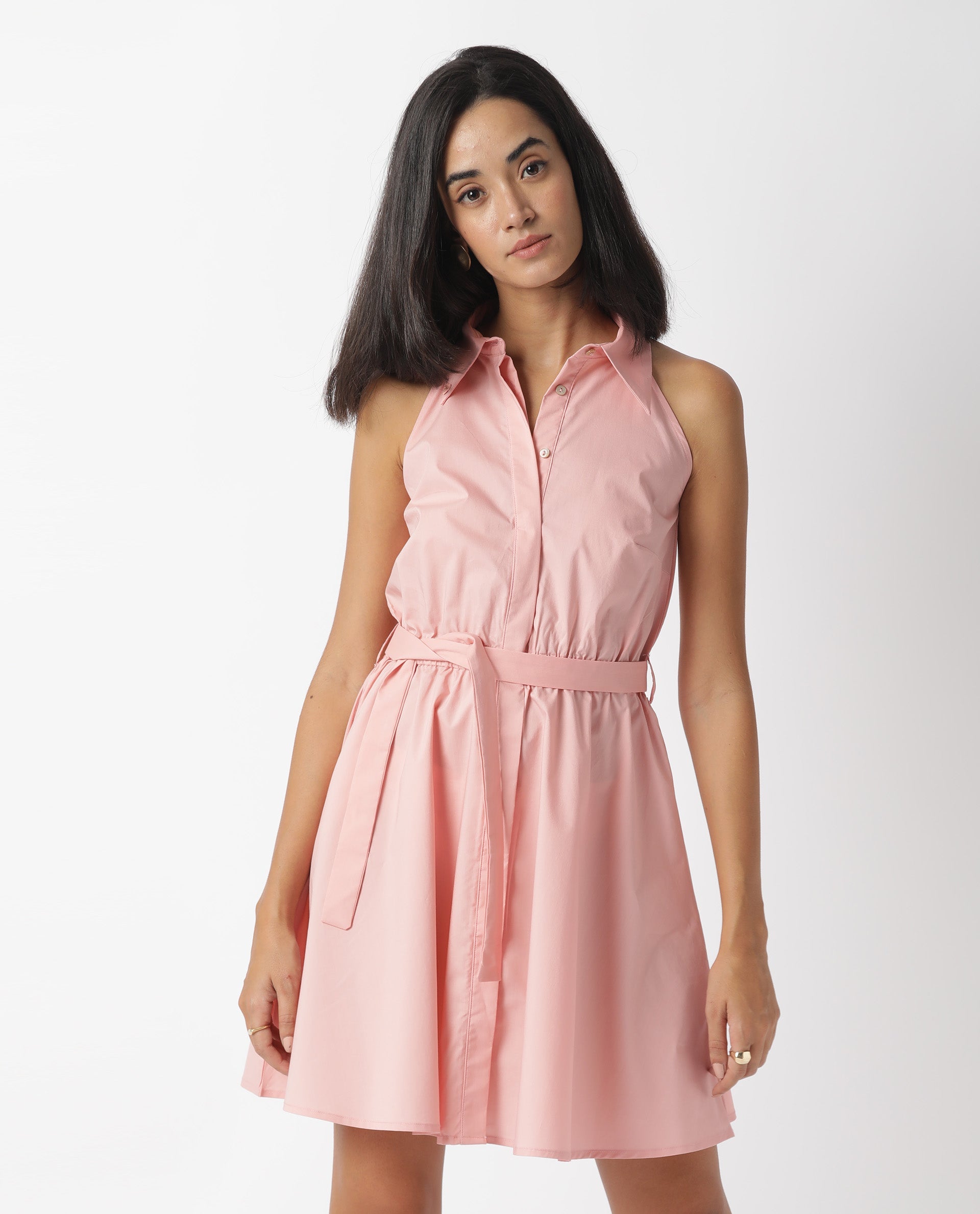 Rareism Women Bessie Peach Shirt Collar Sleeveless Fabric Waist Belt Mini Dress