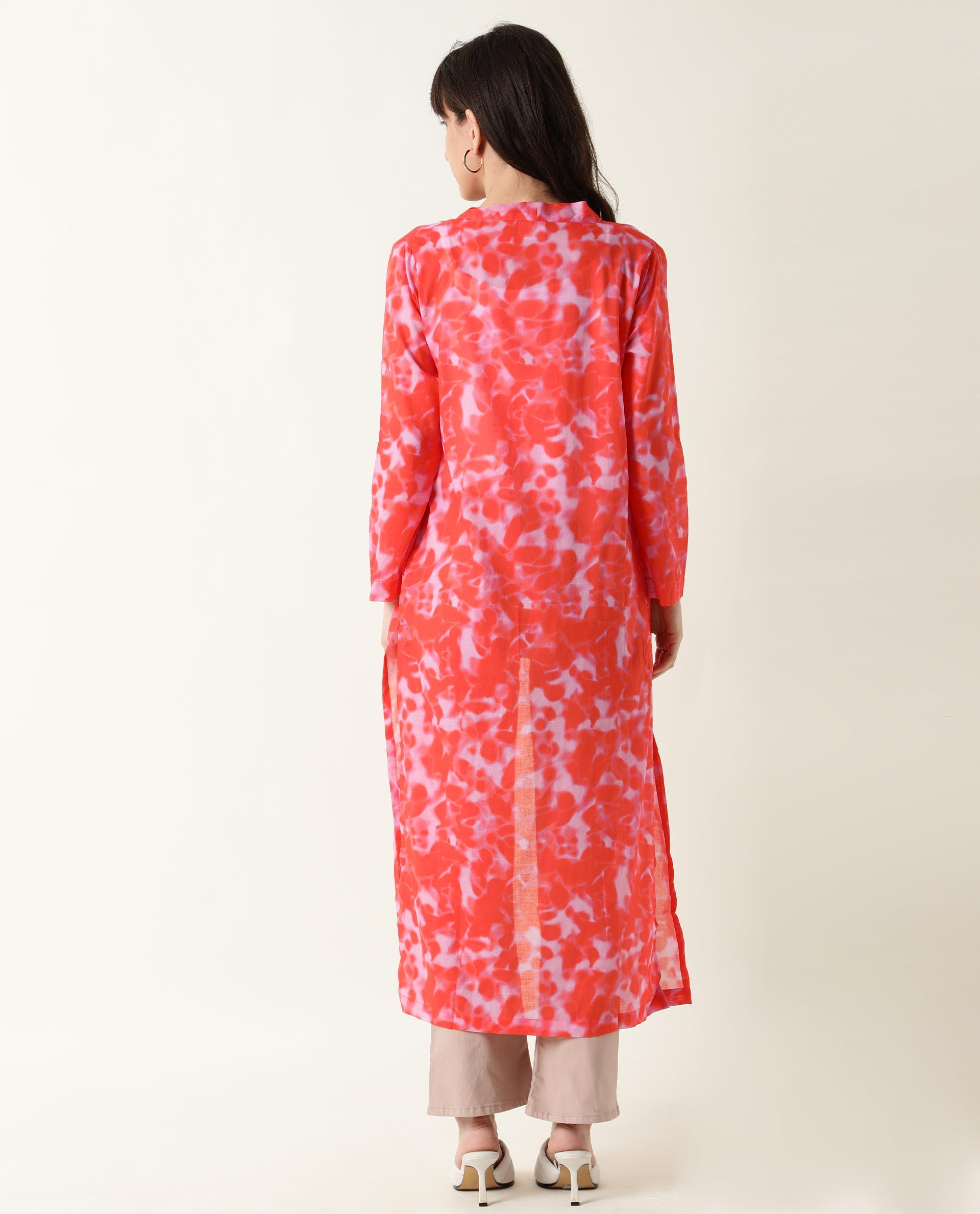 Rareism Women Lays Dark Red Cotton Fabric Regular Fit Abstract Print Collarless Outer Wear