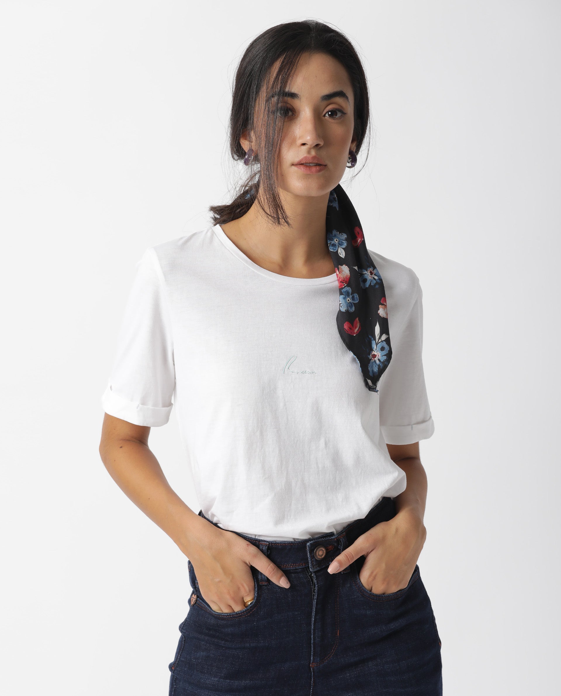 Rareism Women Nova Tee 2 White Cotton Blend Fabric Regular Fit Half Sleeves Solid Crew Neck T-Shirt